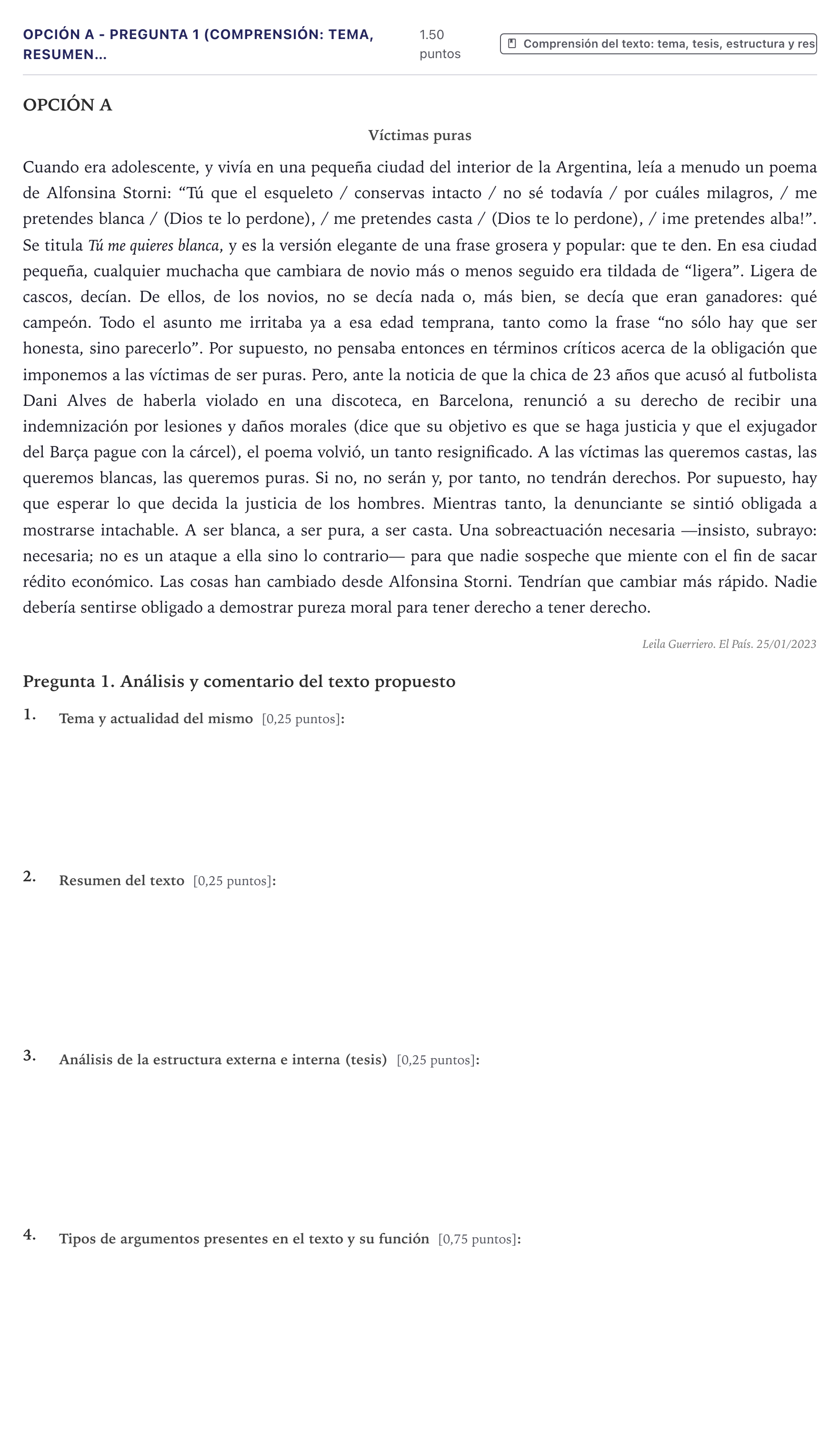 Enunciado: Opción A - Pregunta 1 (Comprensión: tema, resumen… · Lengua Castellana y Literatura II PAU Canarias Junio (Ciencias) 2023