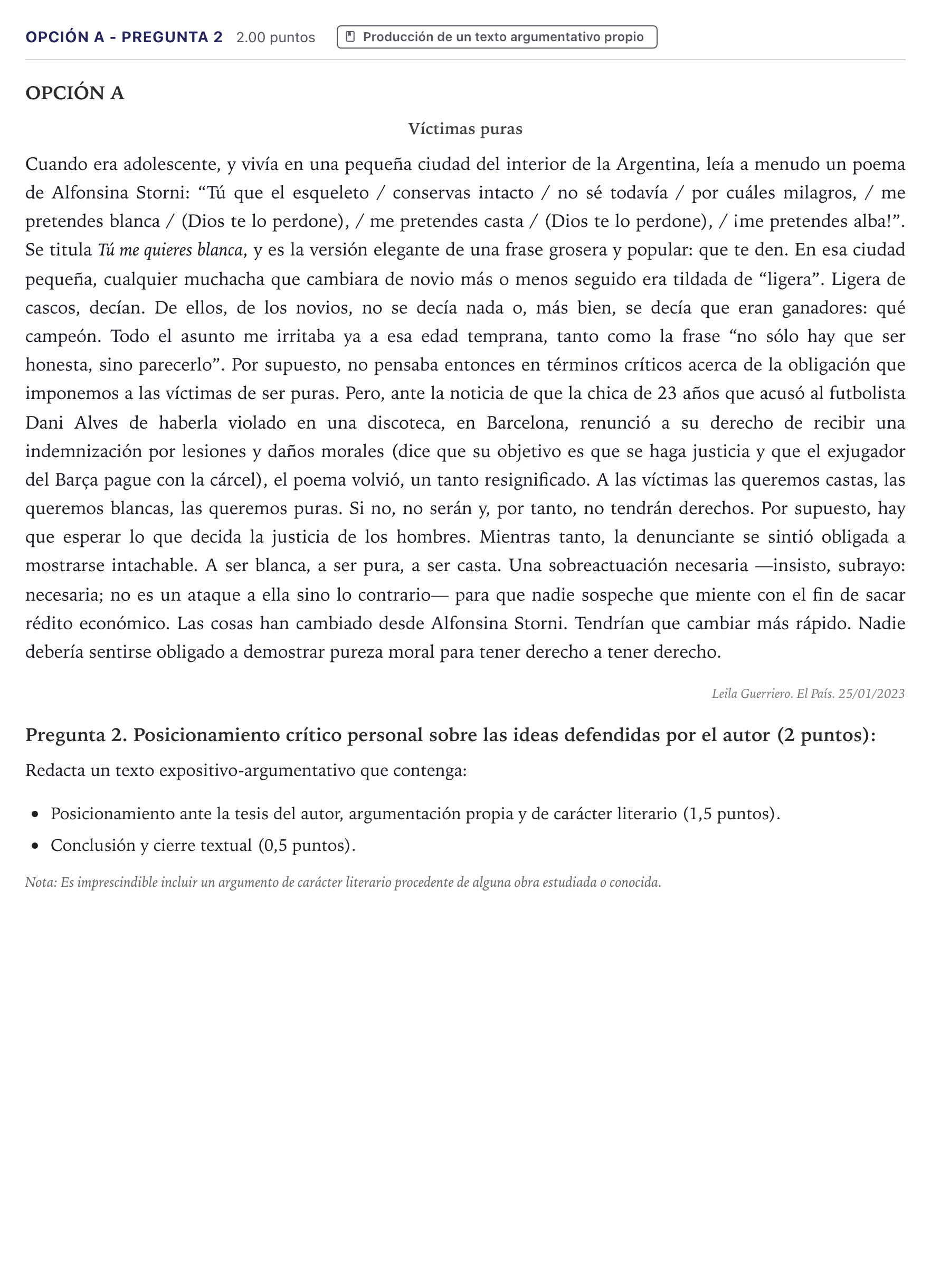 Enunciado: Opción A - Pregunta 2 · Lengua Castellana y Literatura II PAU Canarias Junio (Ciencias) 2023