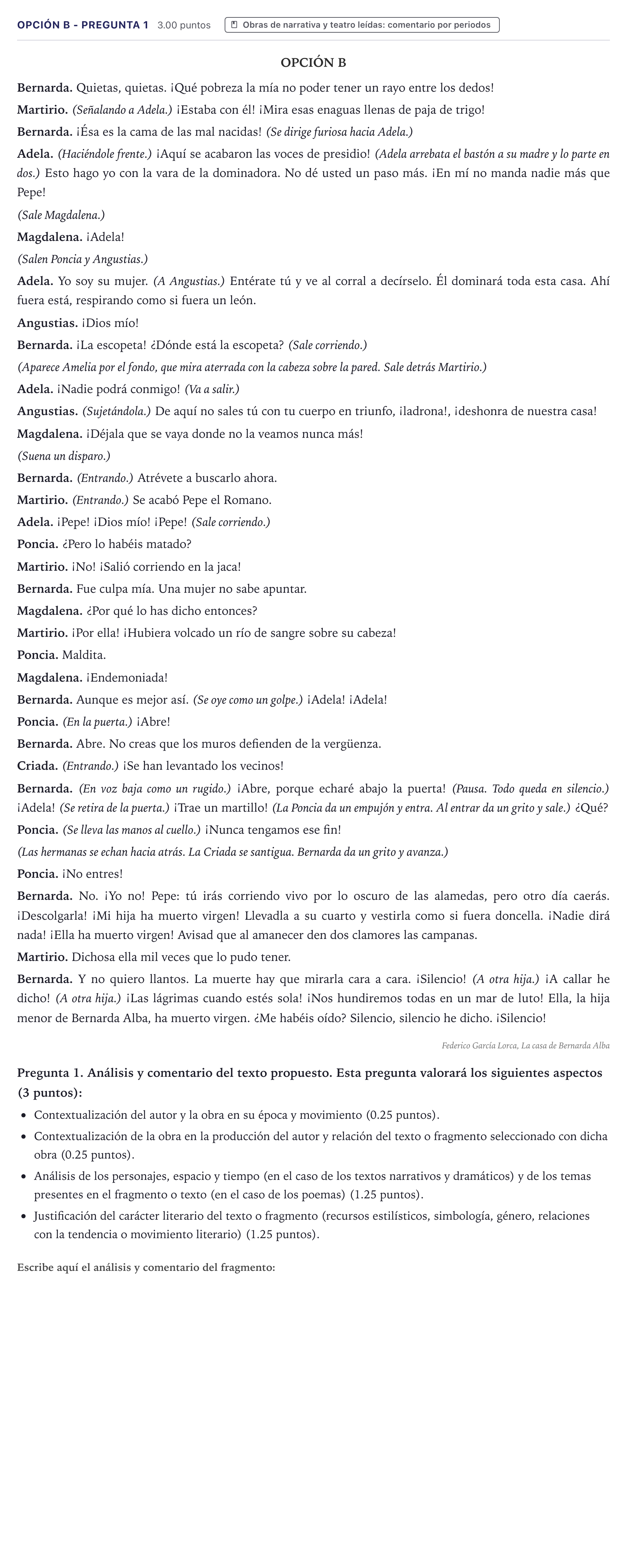 Enunciado: Opción B - Pregunta 1 · Lengua Castellana y Literatura II PAU Canarias Junio (Ciencias) 2023