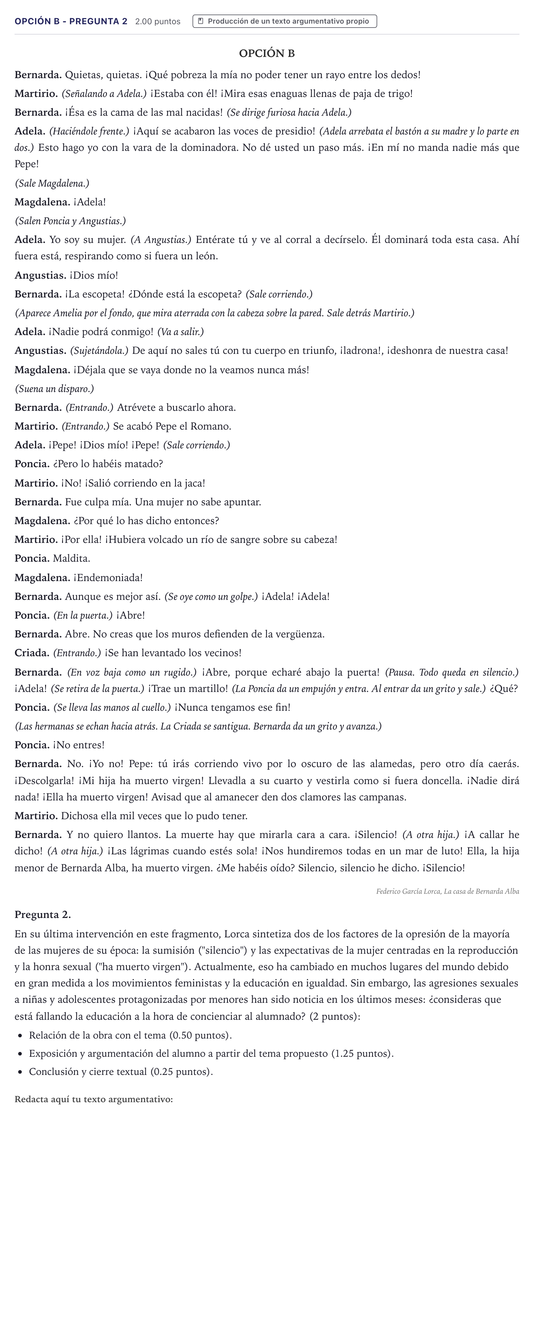 Enunciado: Opción B - Pregunta 2 · Lengua Castellana y Literatura II PAU Canarias Junio (Ciencias) 2023
