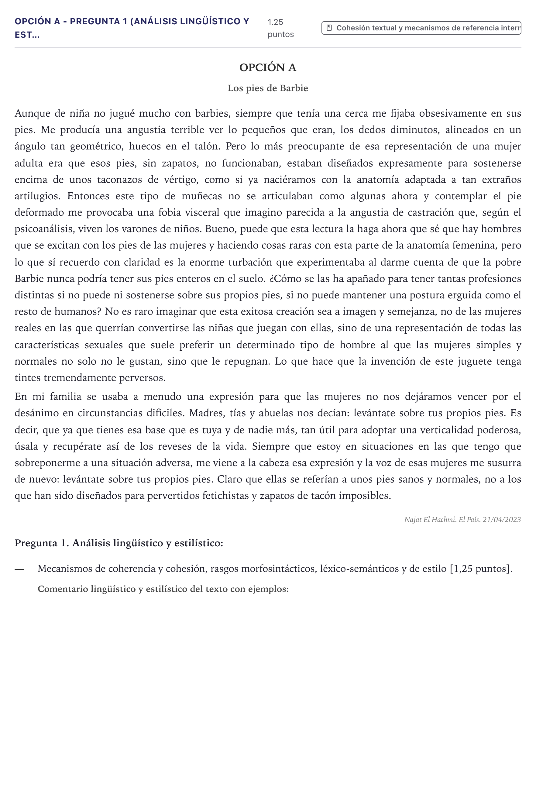 Enunciado: Opción A - Pregunta 1 (Análisis lingüístico y est… · Lengua Castellana y Literatura II PAU Canarias Junio (Humanidades) 2023