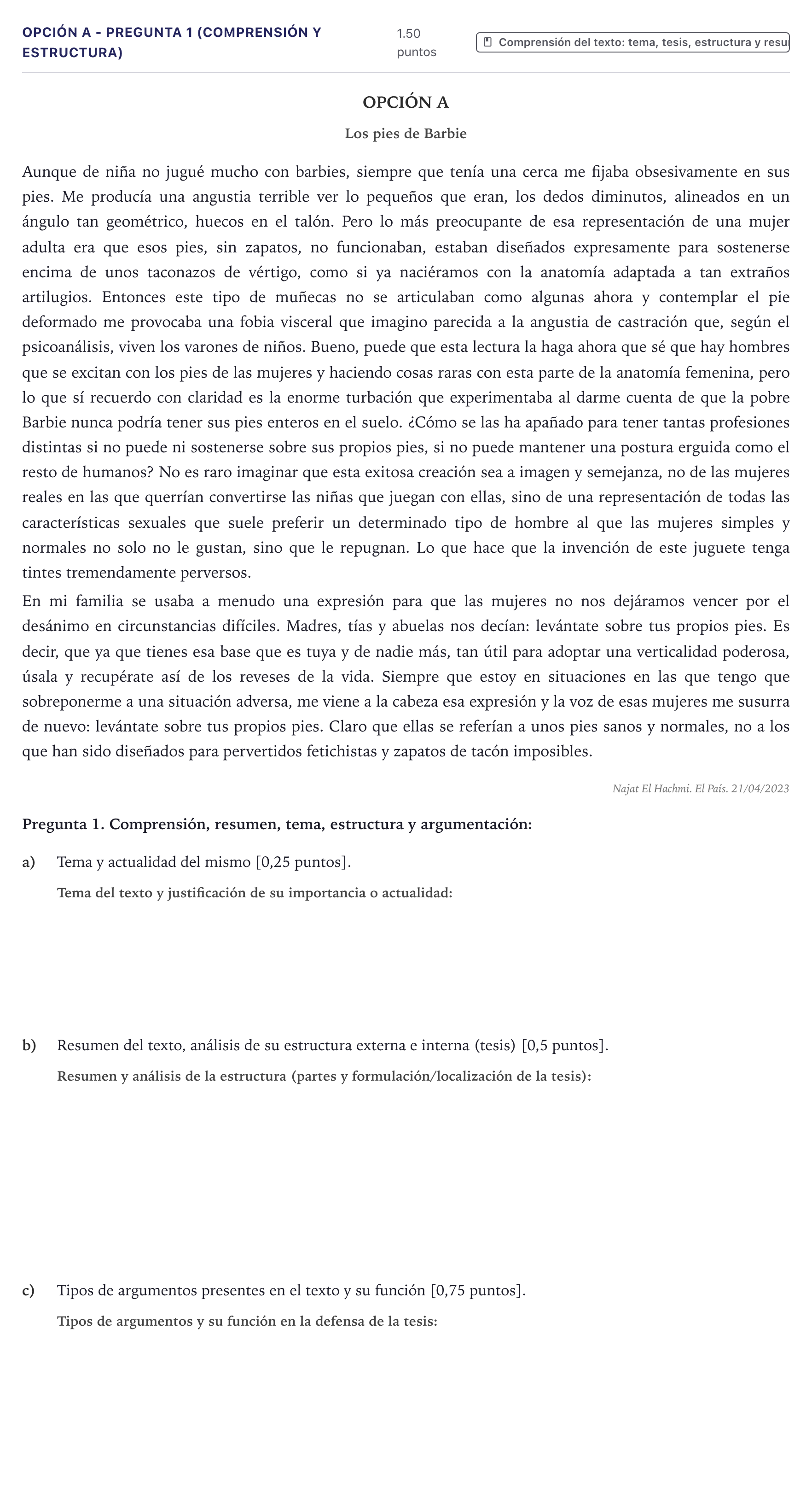 Enunciado: Opción A - Pregunta 1 (Comprensión y estructura) · Lengua Castellana y Literatura II PAU Canarias Junio (Humanidades) 2023