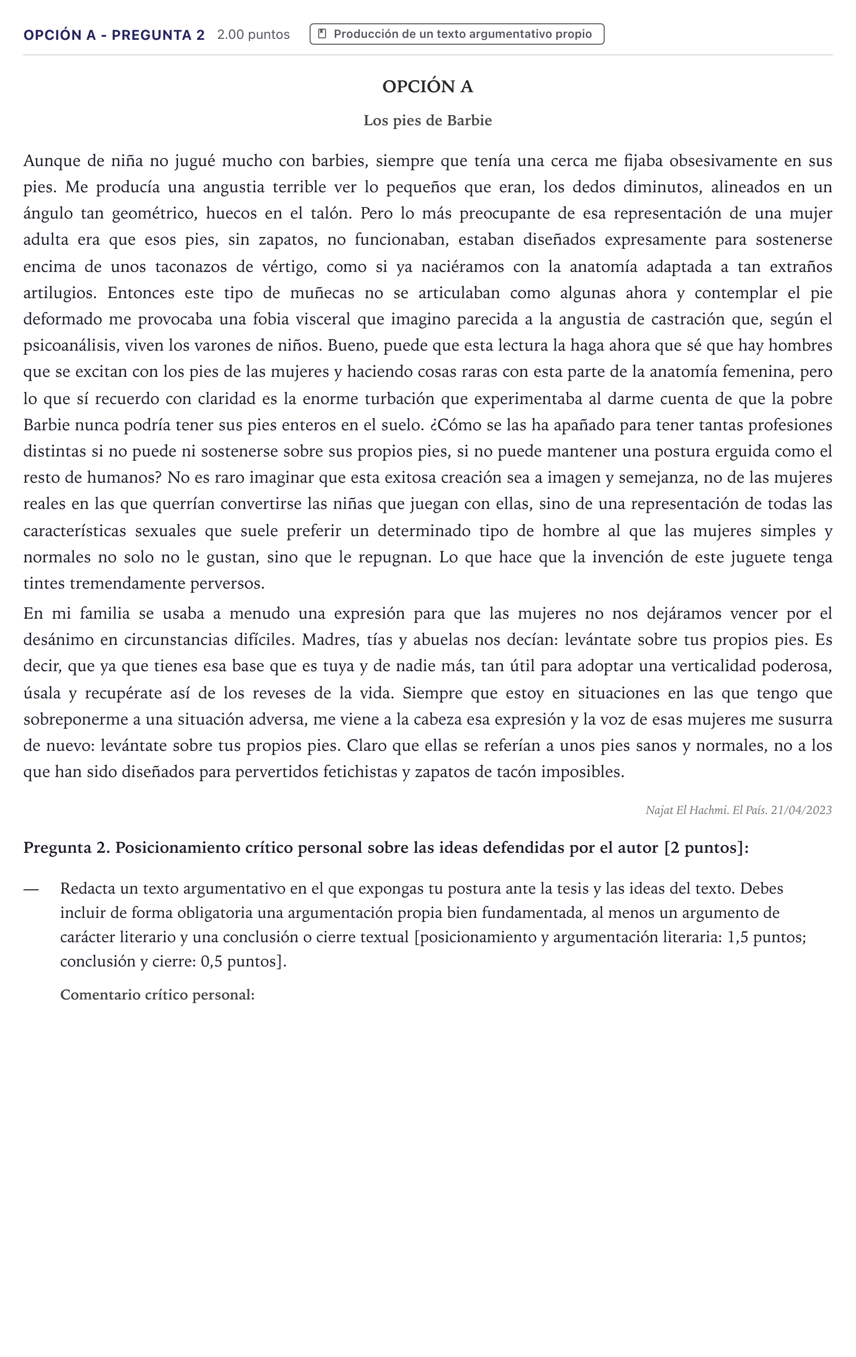 Enunciado: Opción A - Pregunta 2 · Lengua Castellana y Literatura II PAU Canarias Junio (Humanidades) 2023