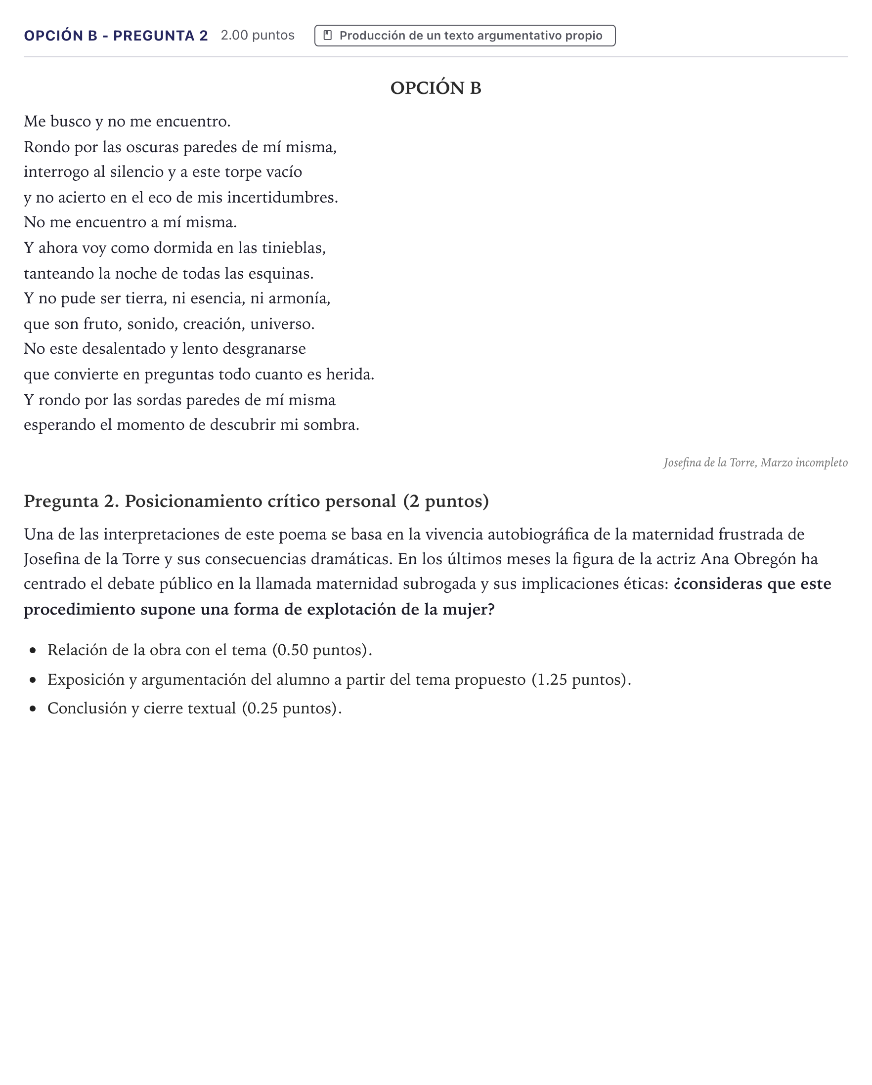 Enunciado: Opción B - Pregunta 2 · Lengua Castellana y Literatura II PAU Canarias Junio (Humanidades) 2023