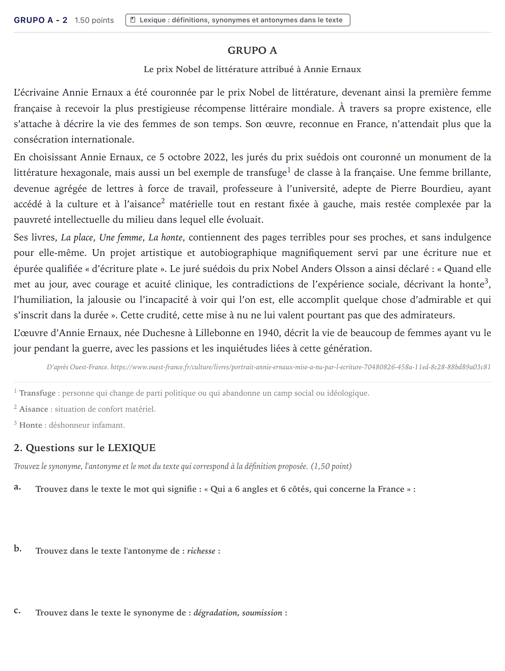 Enunciado: Ejercicio Grupo A - 2 · Francés PAU Canarias Junio (Ciencias) 2023