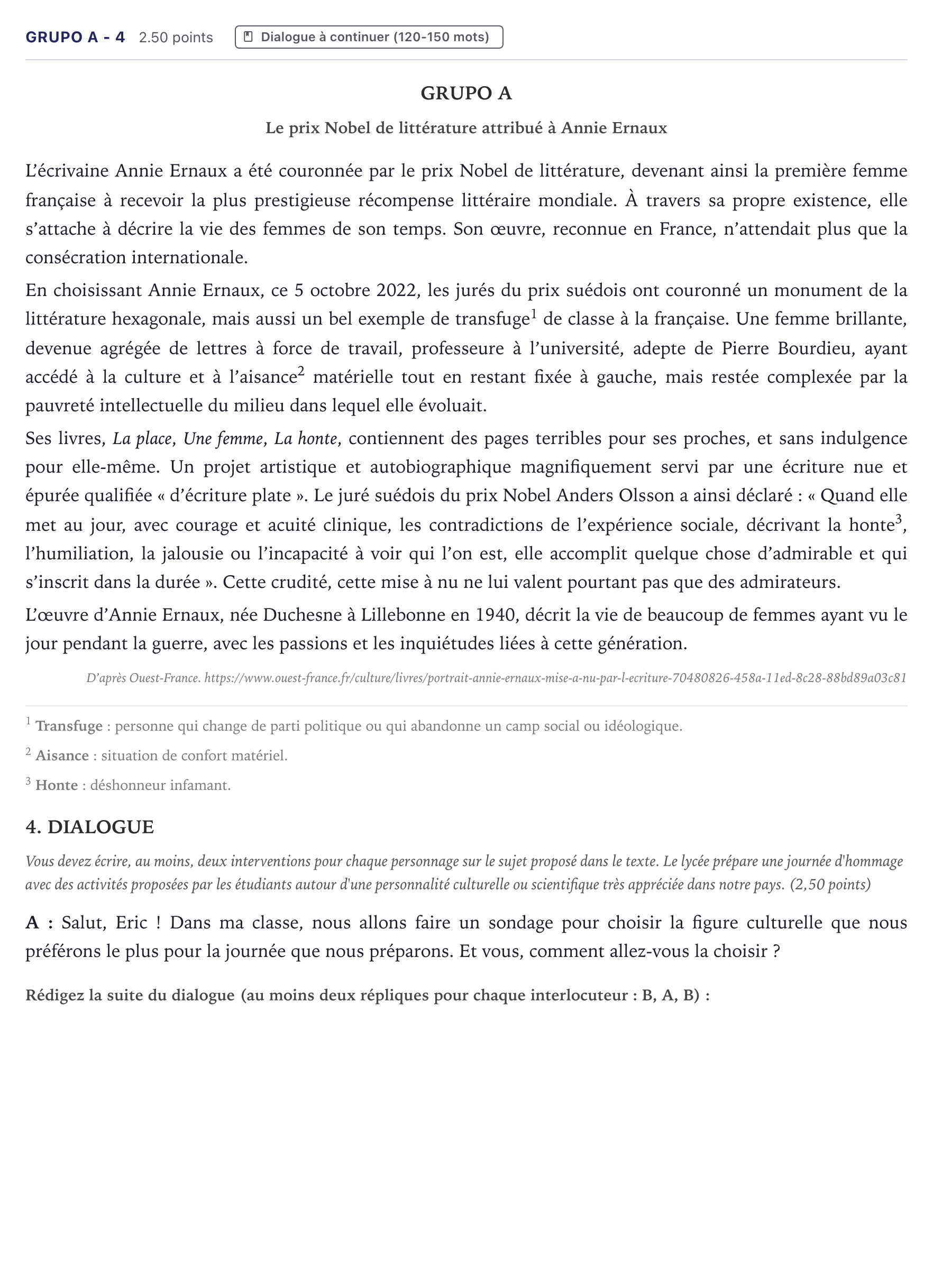 Enunciado: Ejercicio Grupo A - 4 · Francés PAU Canarias Junio (Ciencias) 2023