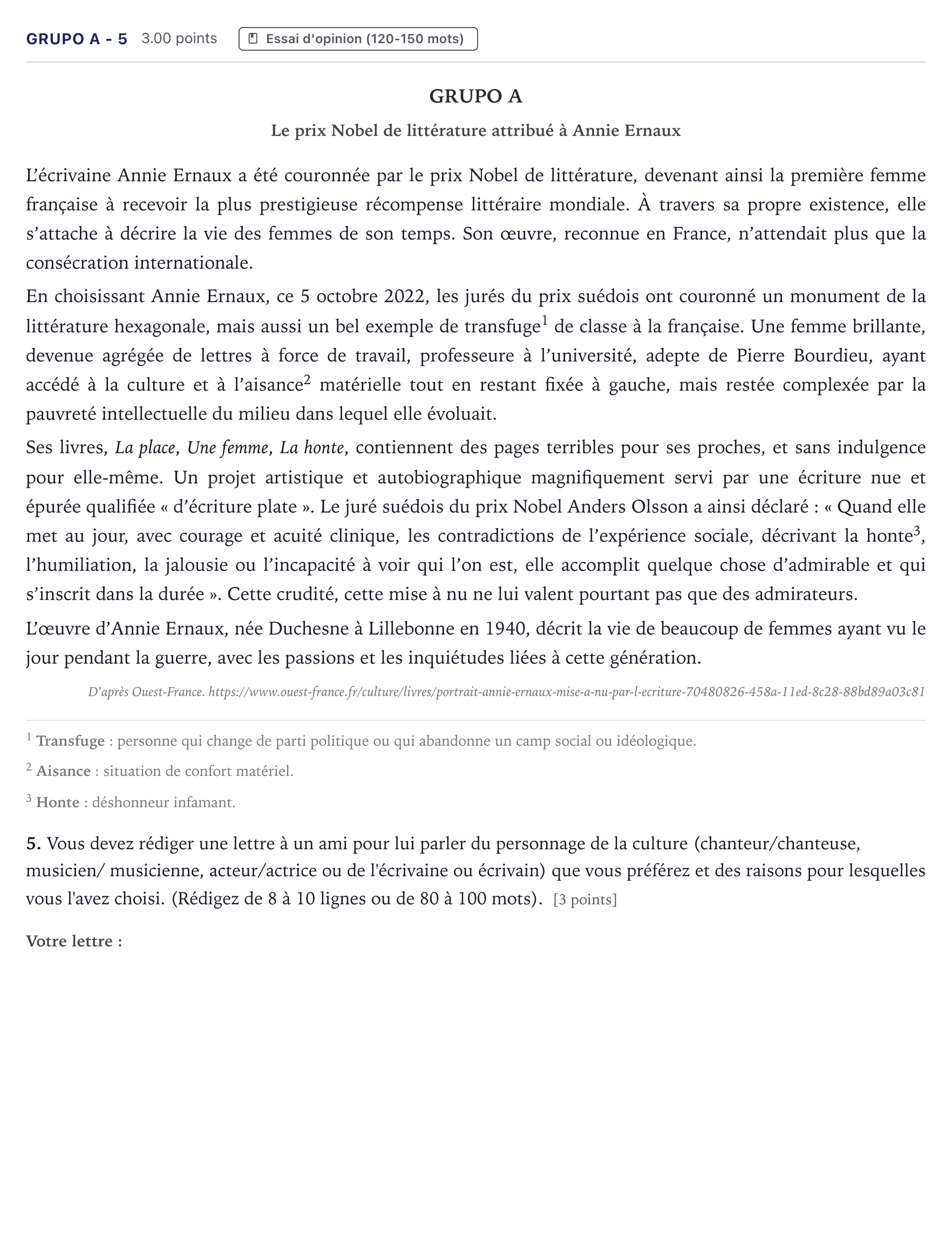 Enunciado: Ejercicio Grupo A - 5 · Francés PAU Canarias Junio (Ciencias) 2023