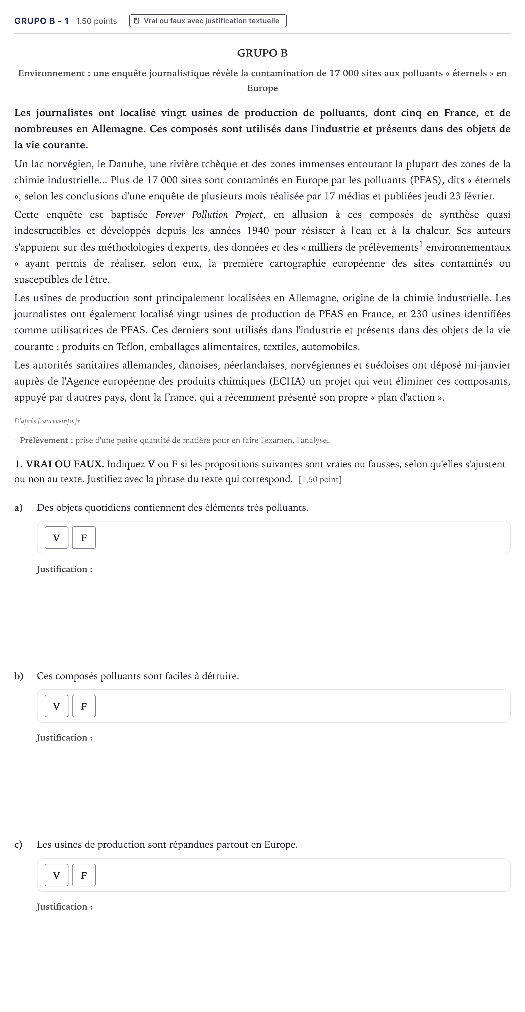 Enunciado: Ejercicio Grupo B - 1 · Francés PAU Canarias Junio (Ciencias) 2023
