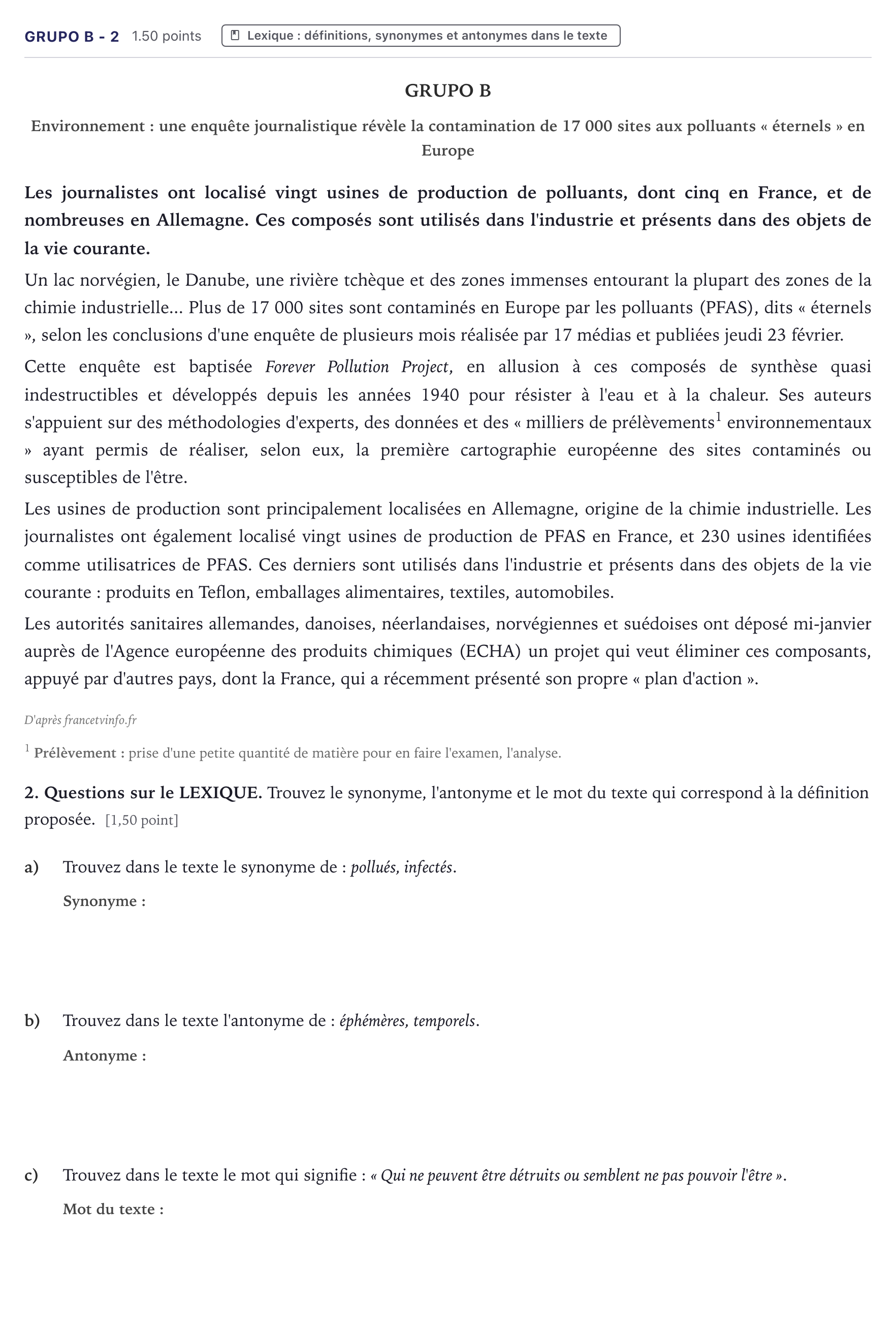 Enunciado: Ejercicio Grupo B - 2 · Francés PAU Canarias Junio (Ciencias) 2023