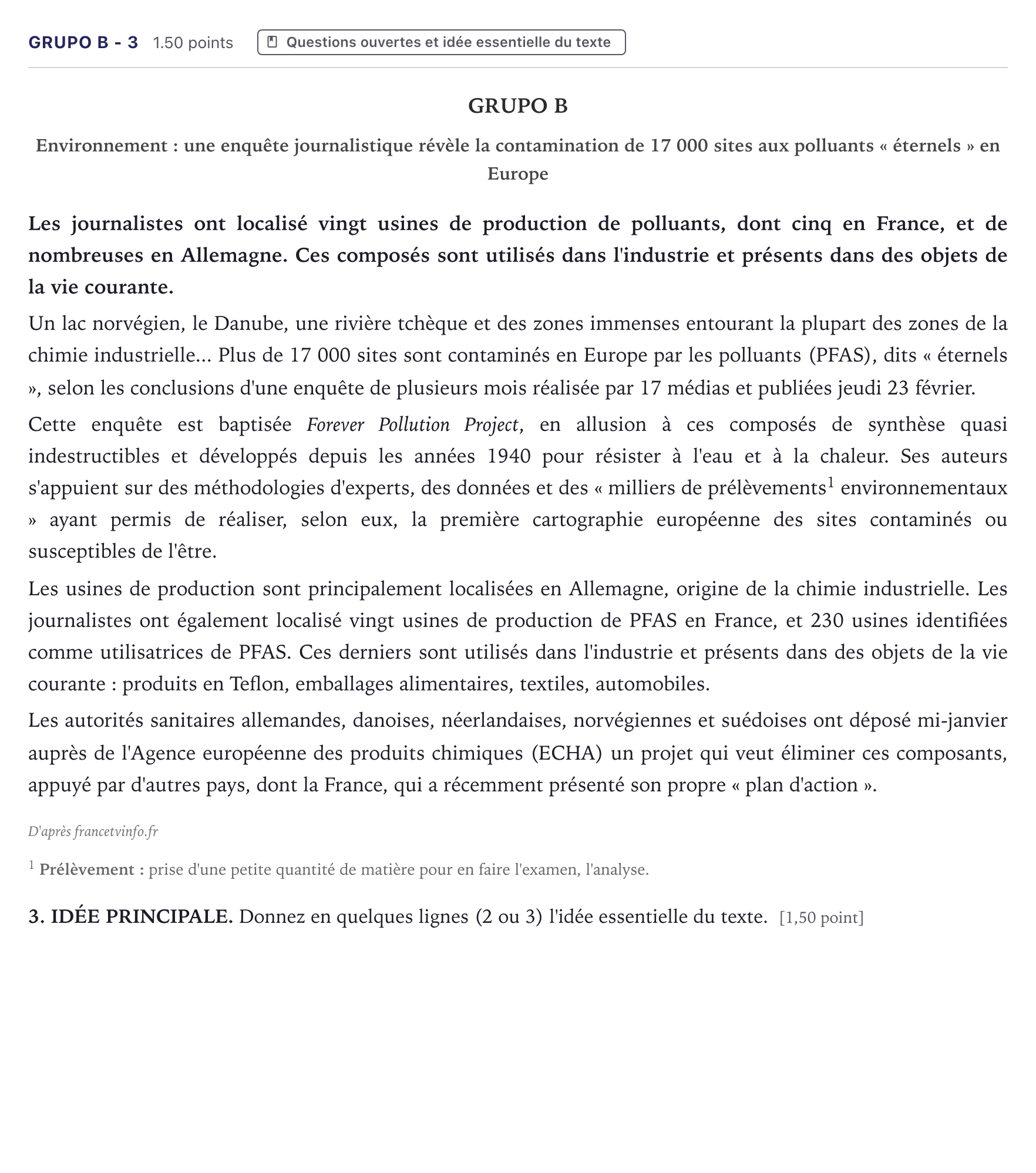 Enunciado: Ejercicio Grupo B - 3 · Francés PAU Canarias Junio (Ciencias) 2023