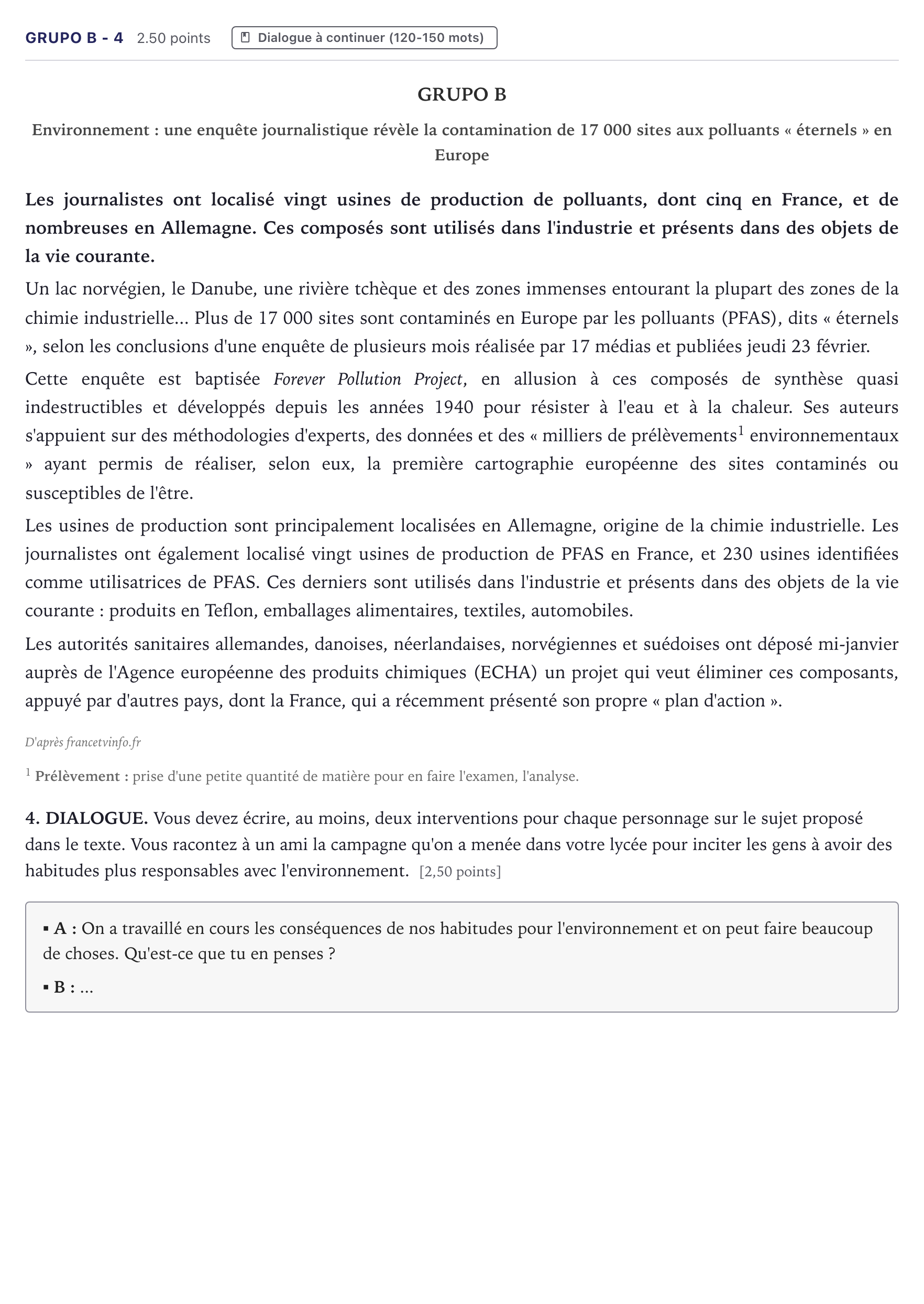 Enunciado: Ejercicio Grupo B - 4 · Francés PAU Canarias Junio (Ciencias) 2023