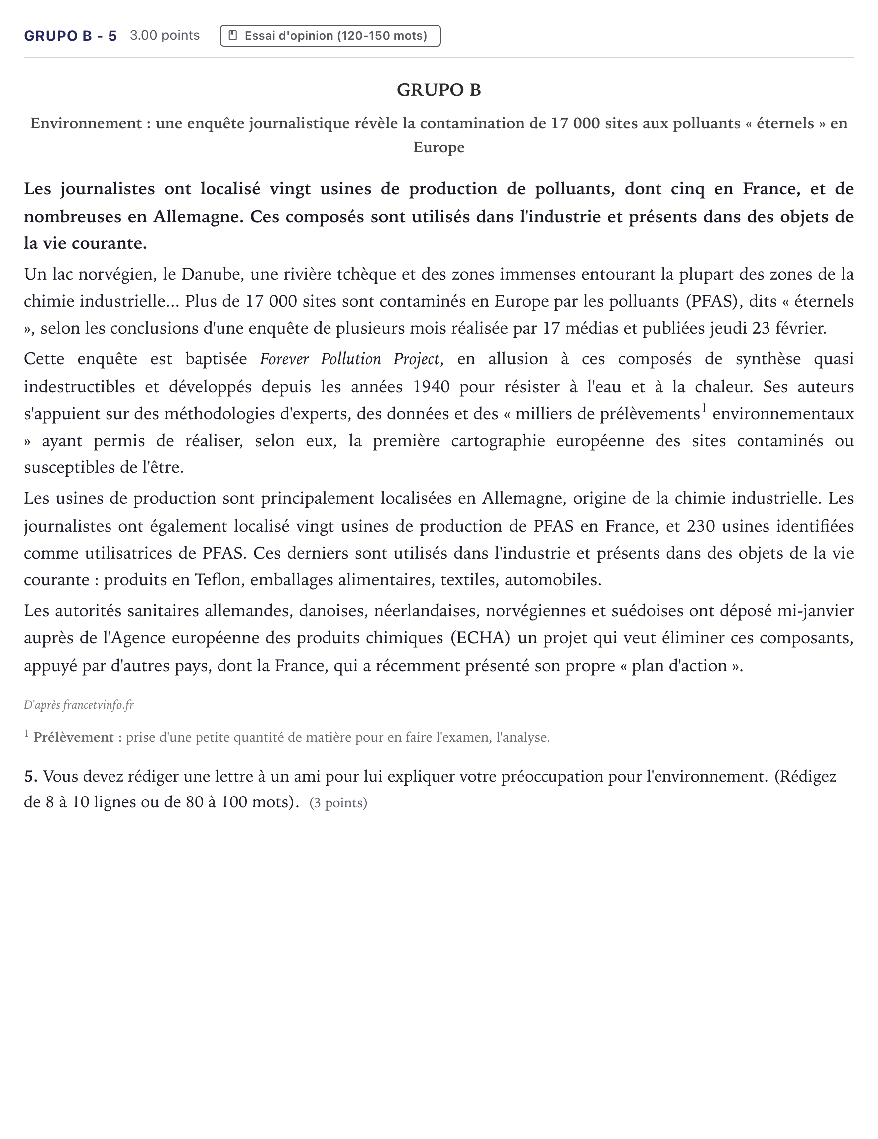 Enunciado: Ejercicio Grupo B - 5 · Francés PAU Canarias Junio (Ciencias) 2023