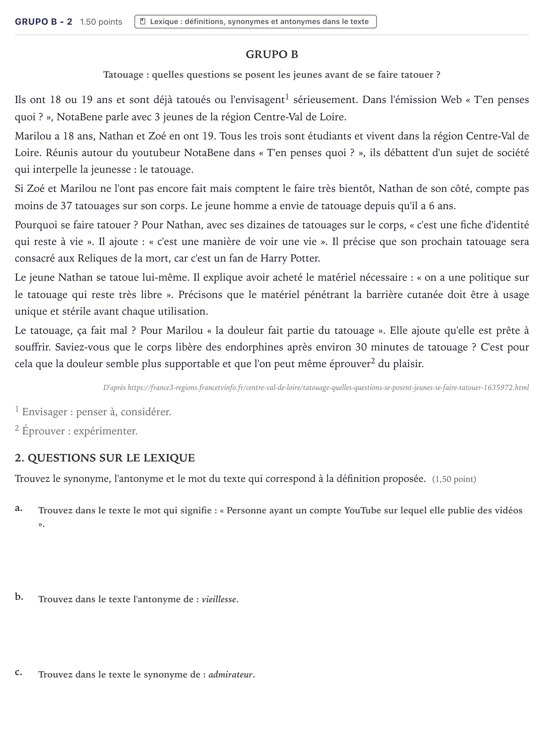 Enunciado: Ejercicio Grupo B - 2 · Francés PAU Canarias Junio (Humanidades) 2023