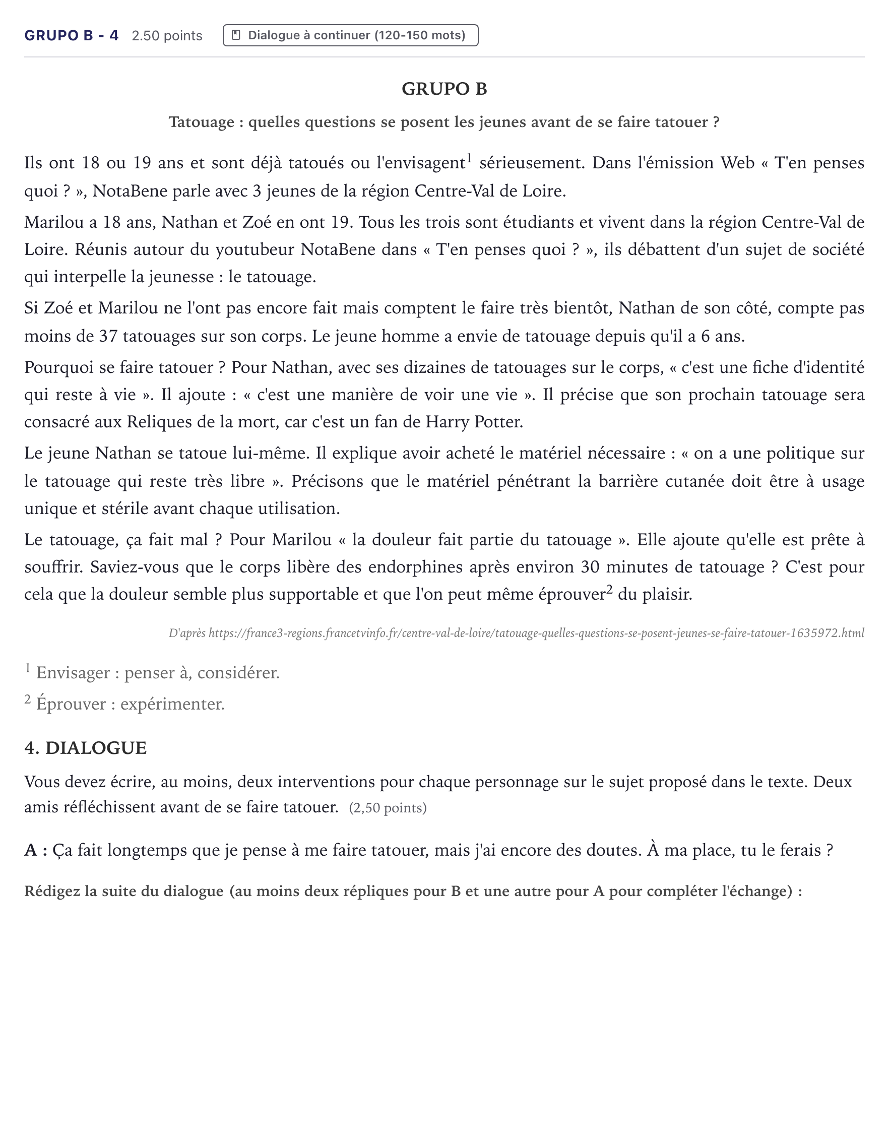 Enunciado: Ejercicio Grupo B - 4 · Francés PAU Canarias Junio (Humanidades) 2023