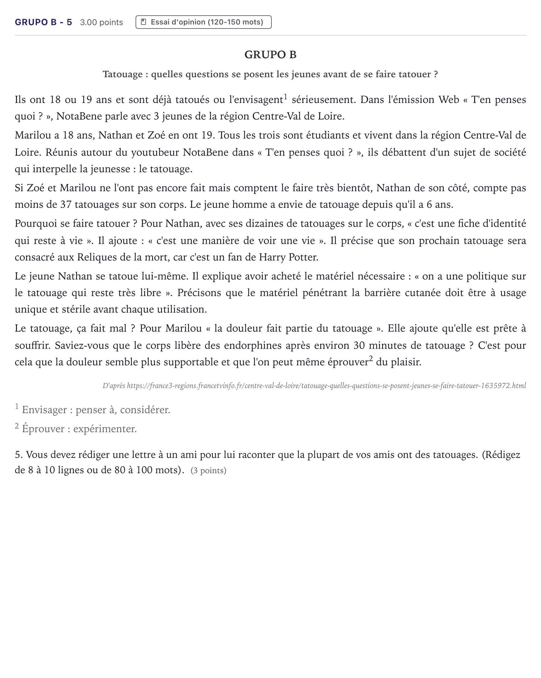 Enunciado: Ejercicio Grupo B - 5 · Francés PAU Canarias Junio (Humanidades) 2023