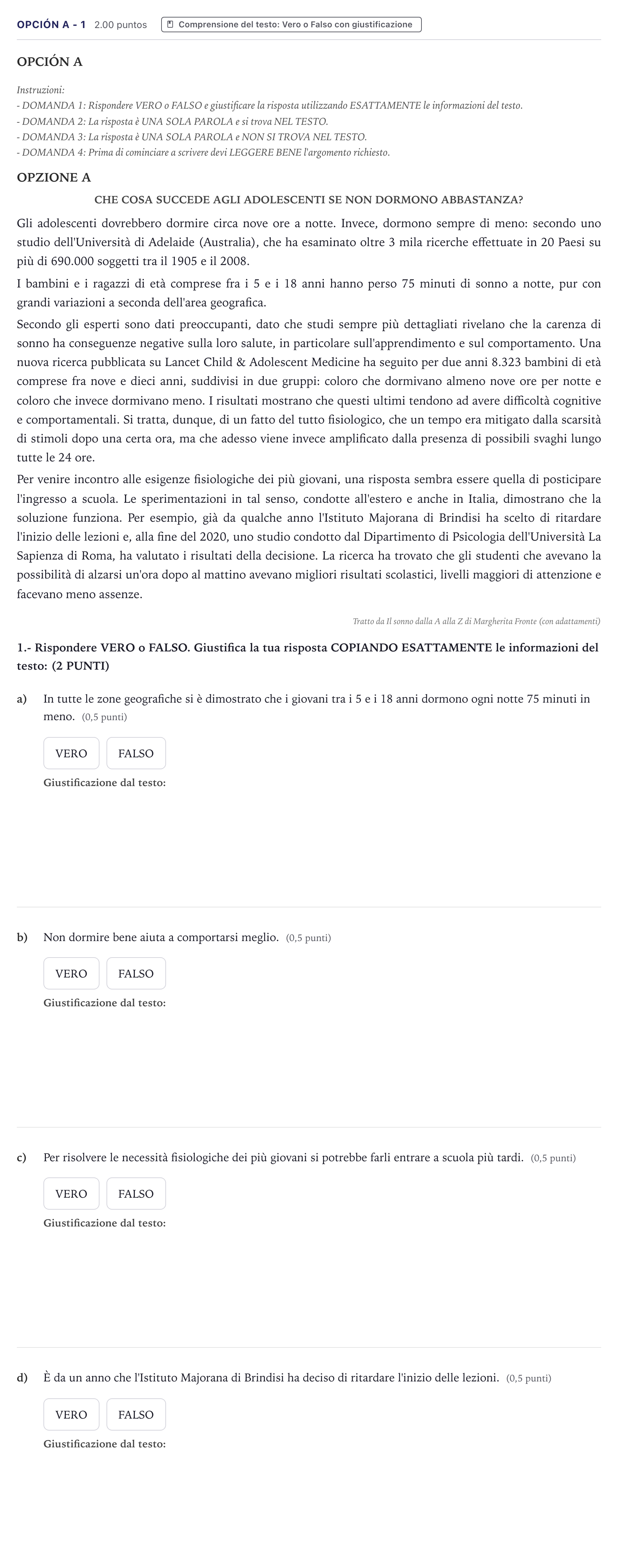 Enunciado: Opción A - 1 · Italiano PAU Canarias Junio (Humanidades) 2023