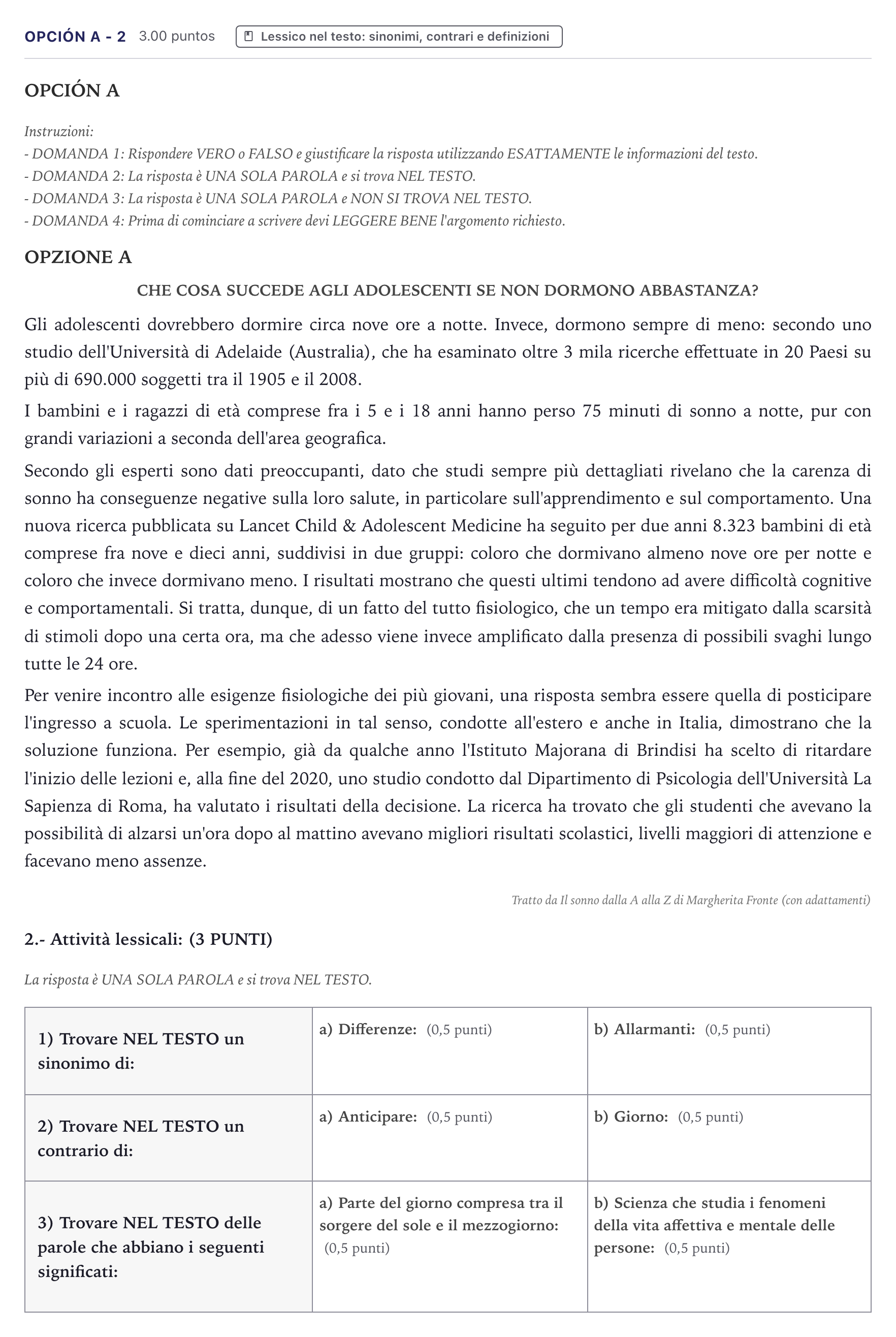Enunciado: Opción A - 2 · Italiano PAU Canarias Junio (Humanidades) 2023