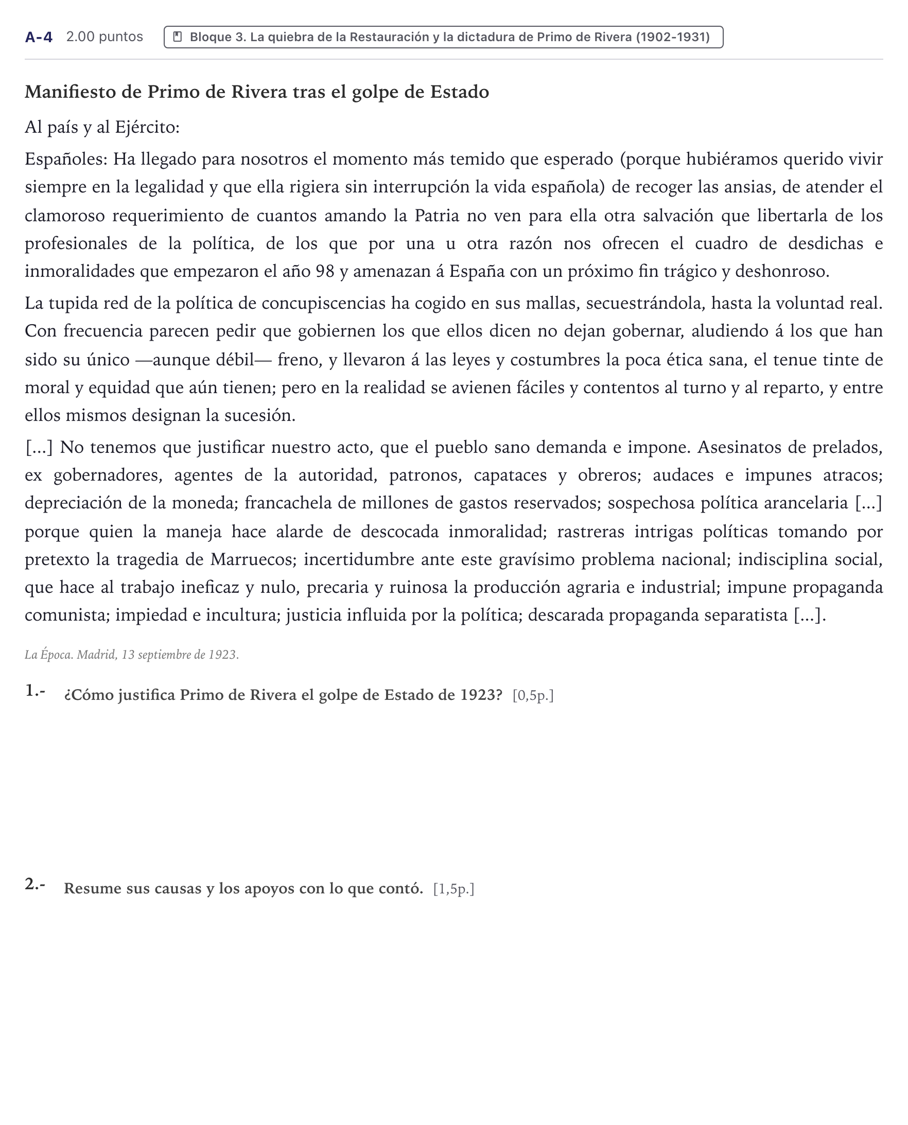 Enunciado: Ejercicio A-4 · Historia de España PAU Canarias Junio (Ciencias) 2023