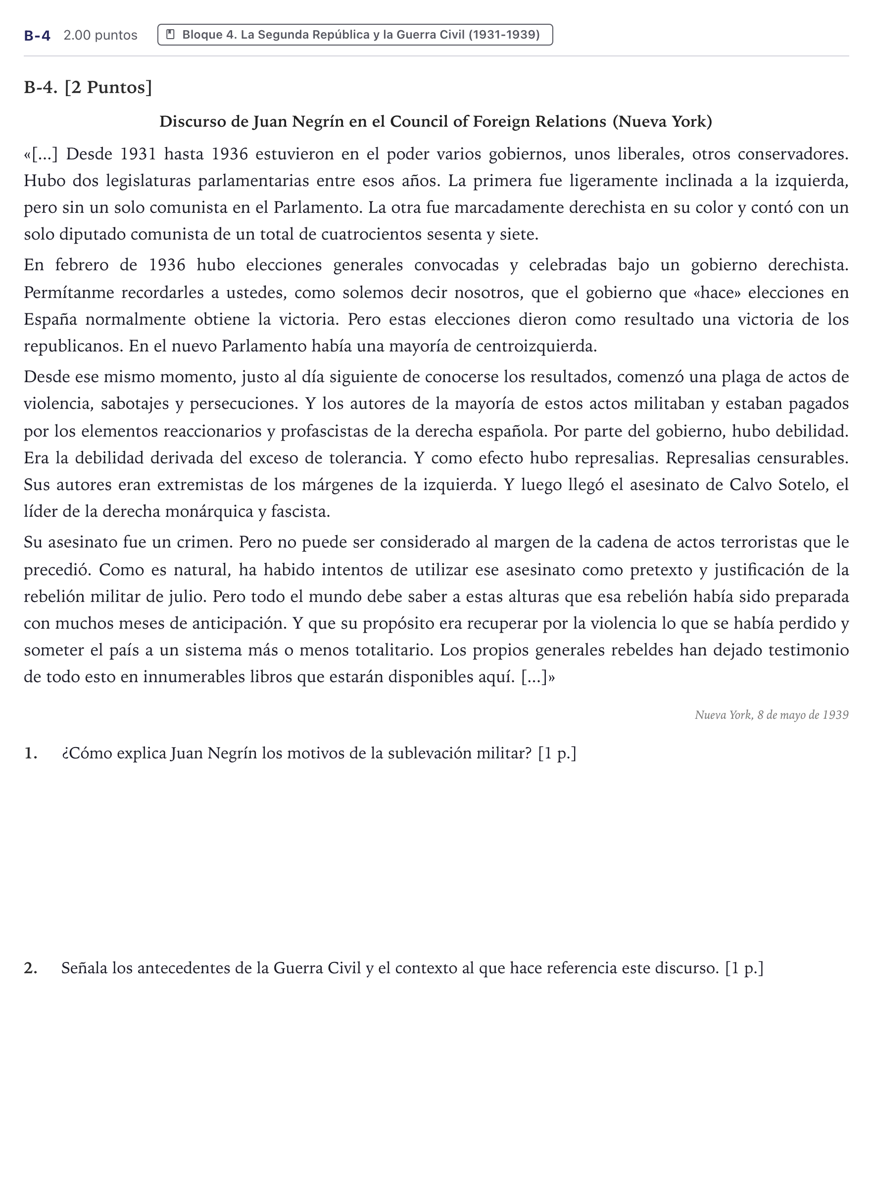 Enunciado: Ejercicio B-4 · Historia de España PAU Canarias Junio (Ciencias) 2023