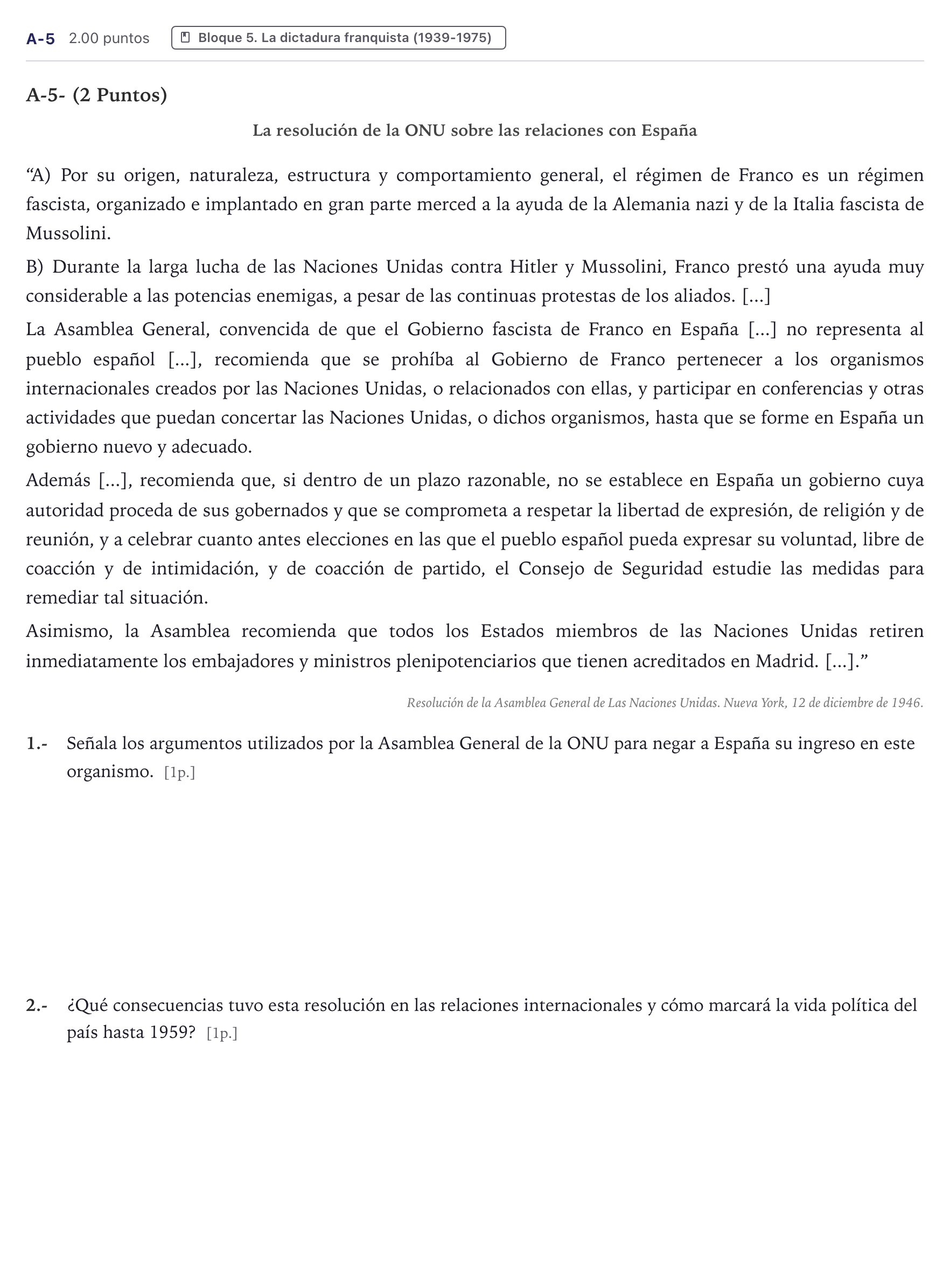 Enunciado: Ejercicio A-5 · Historia de España PAU Canarias Junio (Humanidades) 2023