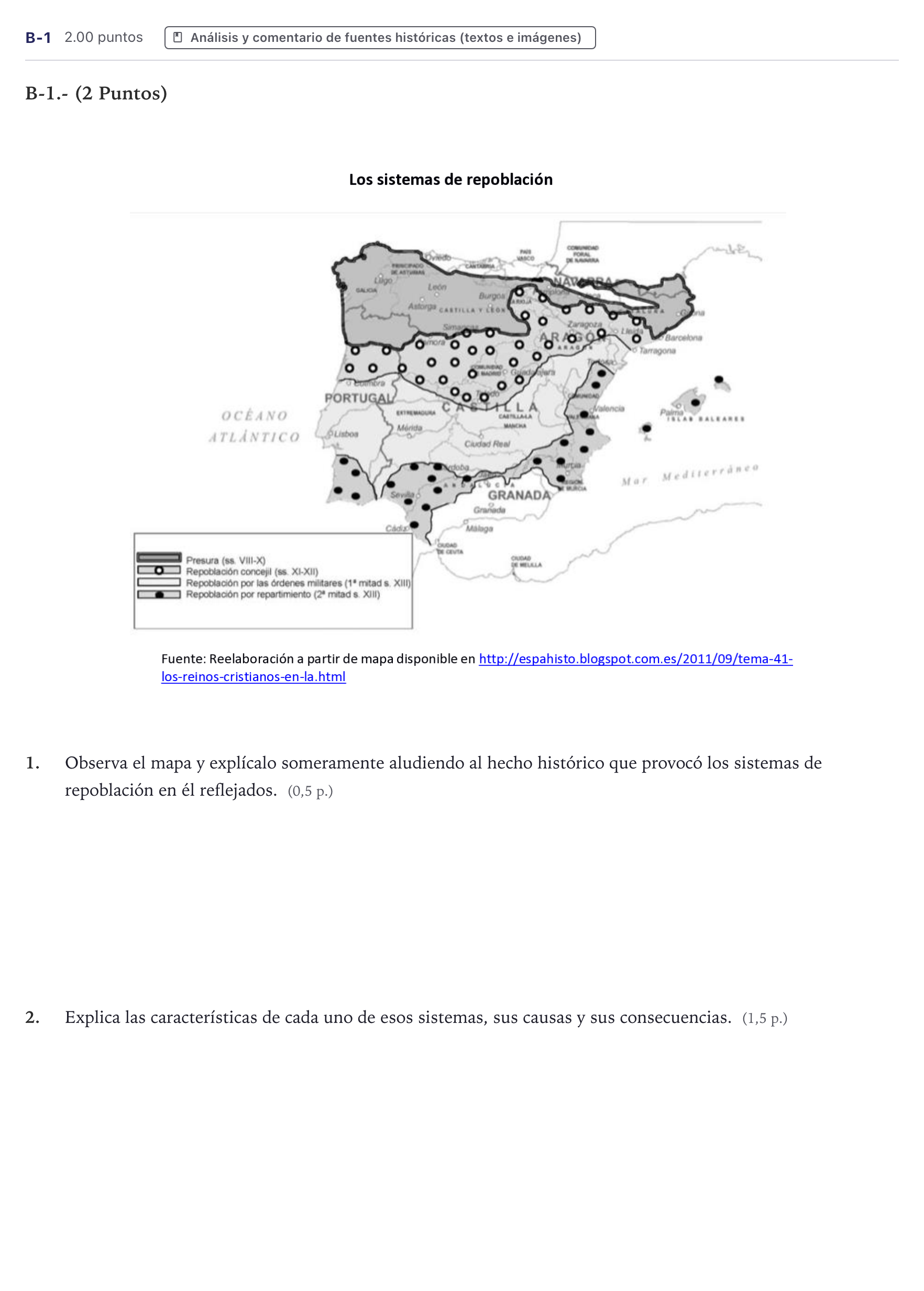 Enunciado: Ejercicio B-1 · Historia de España PAU Canarias Junio (Humanidades) 2023