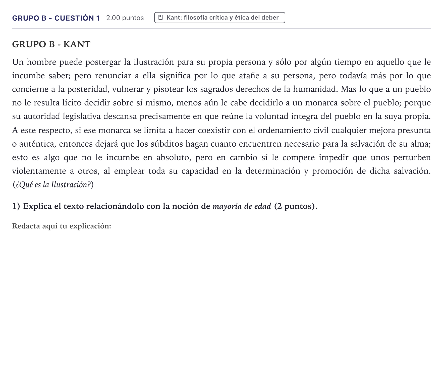 Enunciado: Ejercicio Grupo B - Cuestión 1 · Historia de la Filosofía PAU Canarias Junio 2023