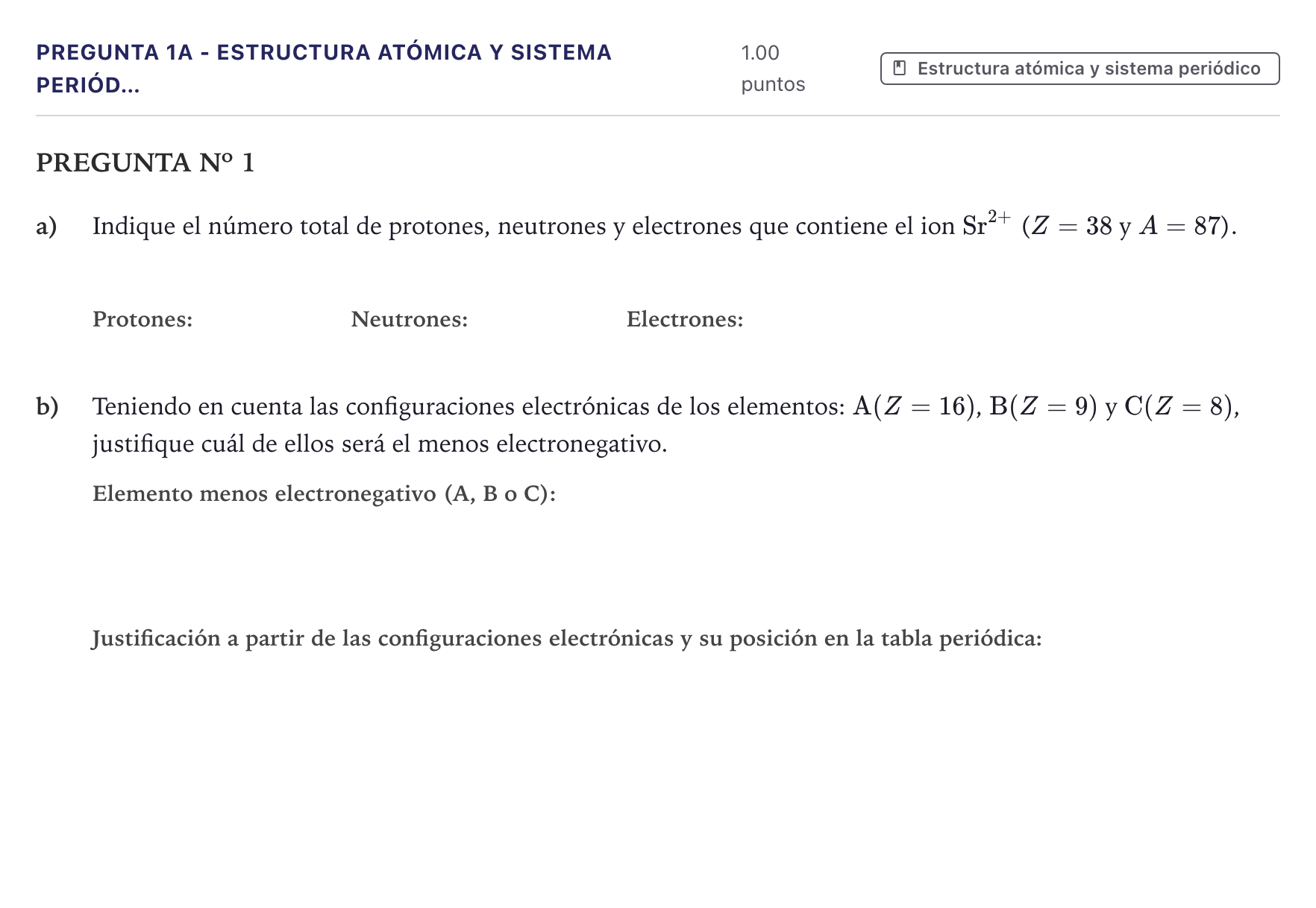Enunciado: Pregunta 1A - Estructura atómica y sistema periód… · Química PAU Canarias Junio (Ciencias) 2023