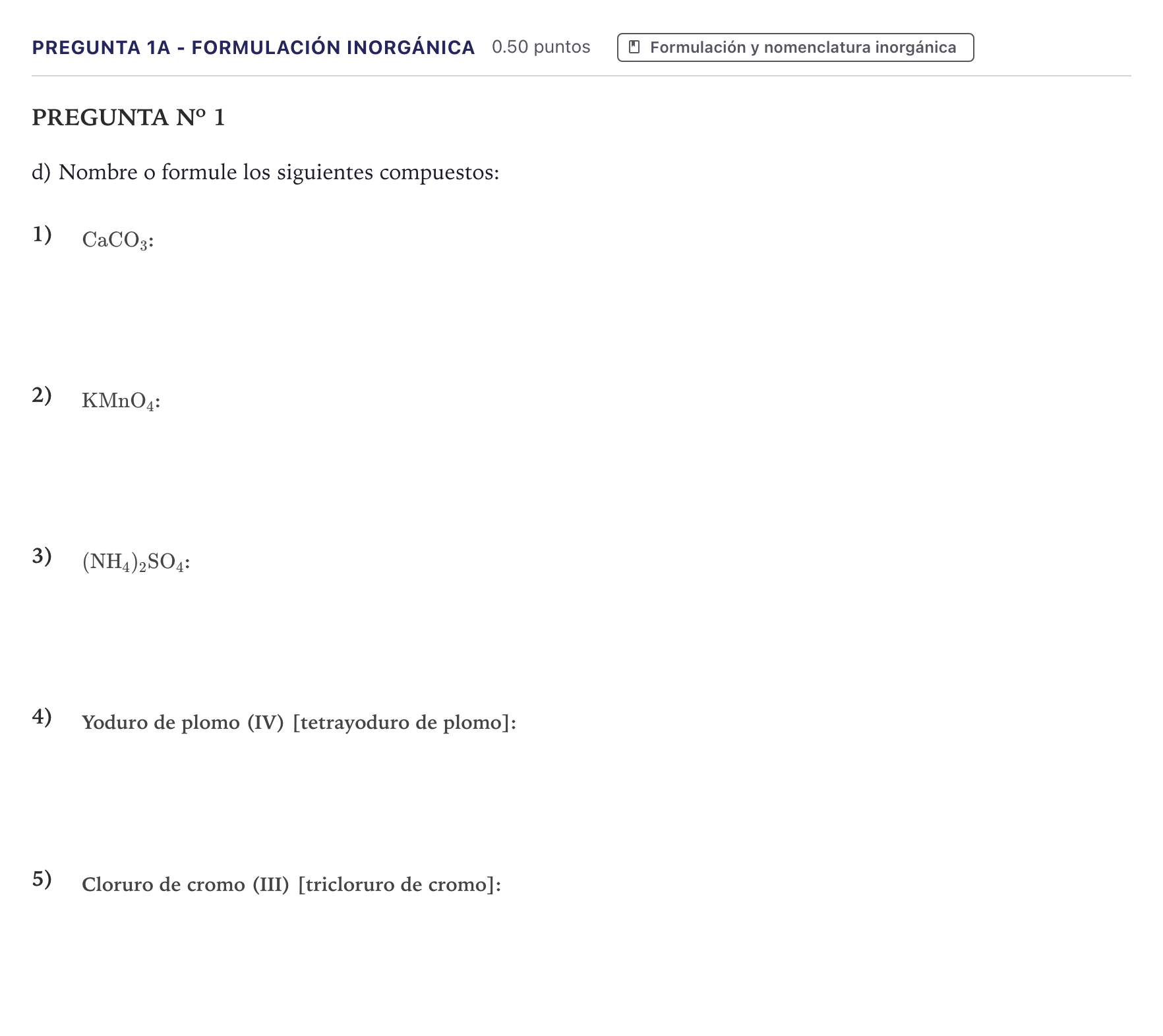 Enunciado: Pregunta 1A - Formulación inorgánica · Química PAU Canarias Junio (Ciencias) 2023