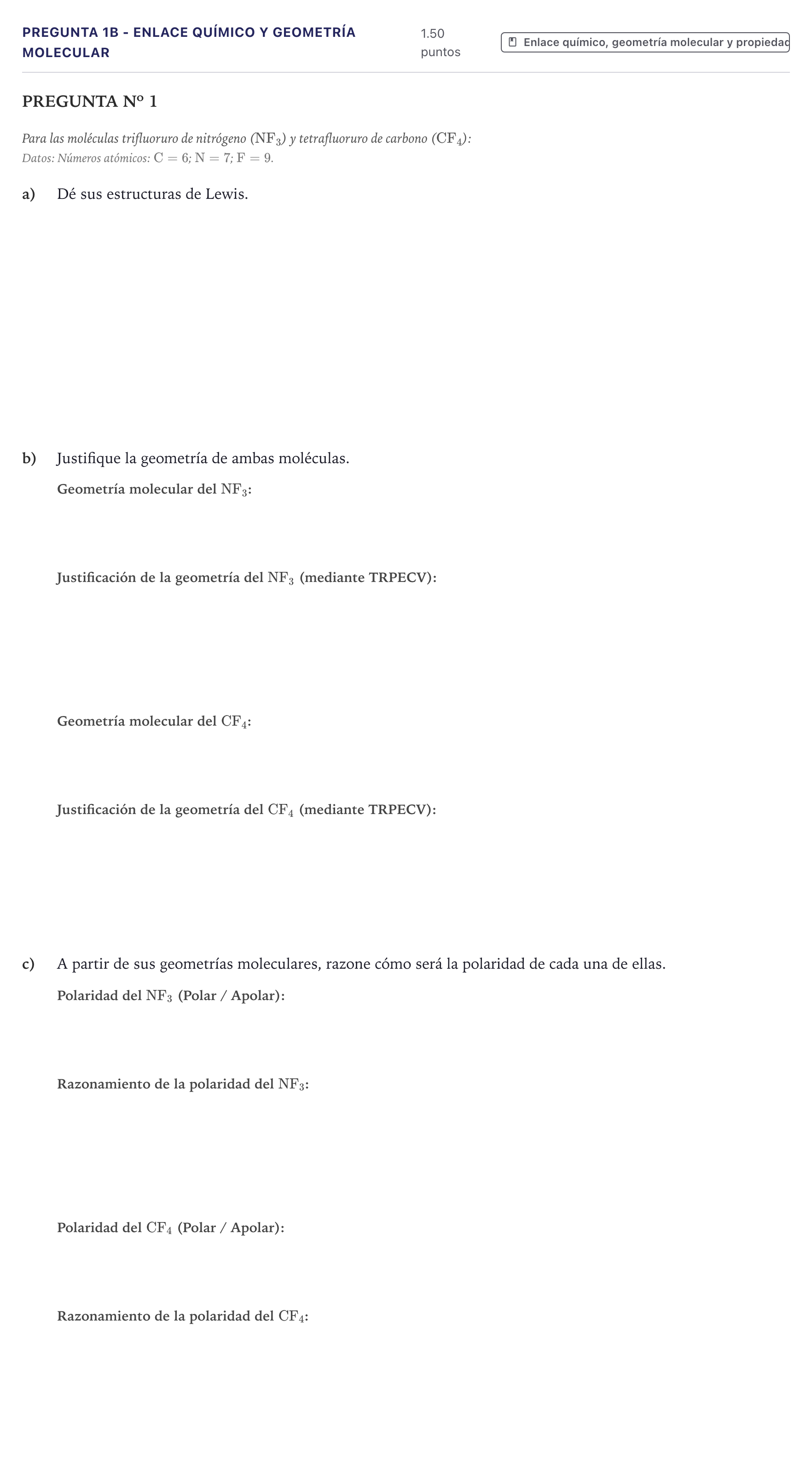 Enunciado: Pregunta 1B - Enlace químico y geometría molecular · Química PAU Canarias Junio (Ciencias) 2023
