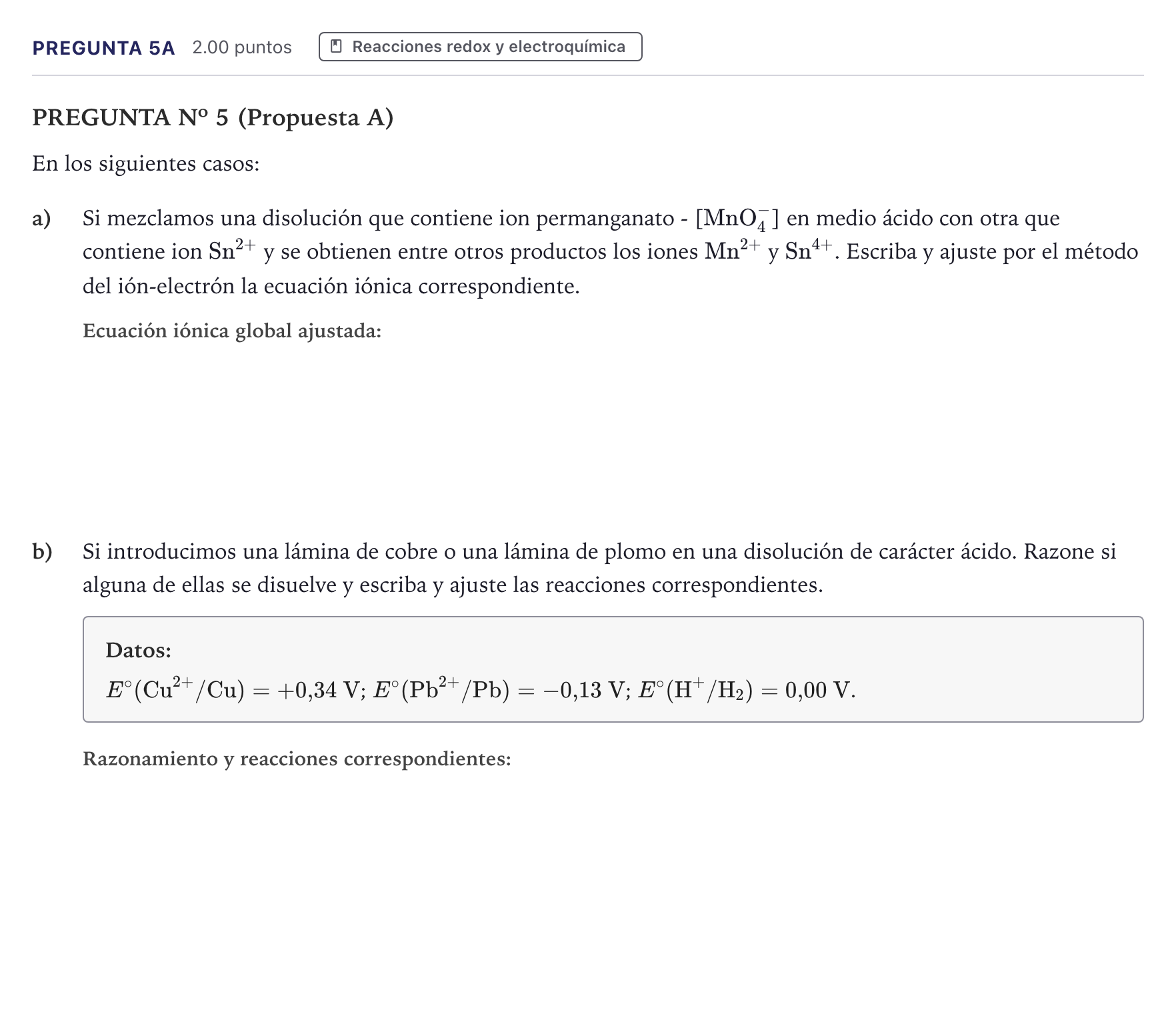 Enunciado: Pregunta 5A · Química PAU Canarias Junio (Ciencias) 2023