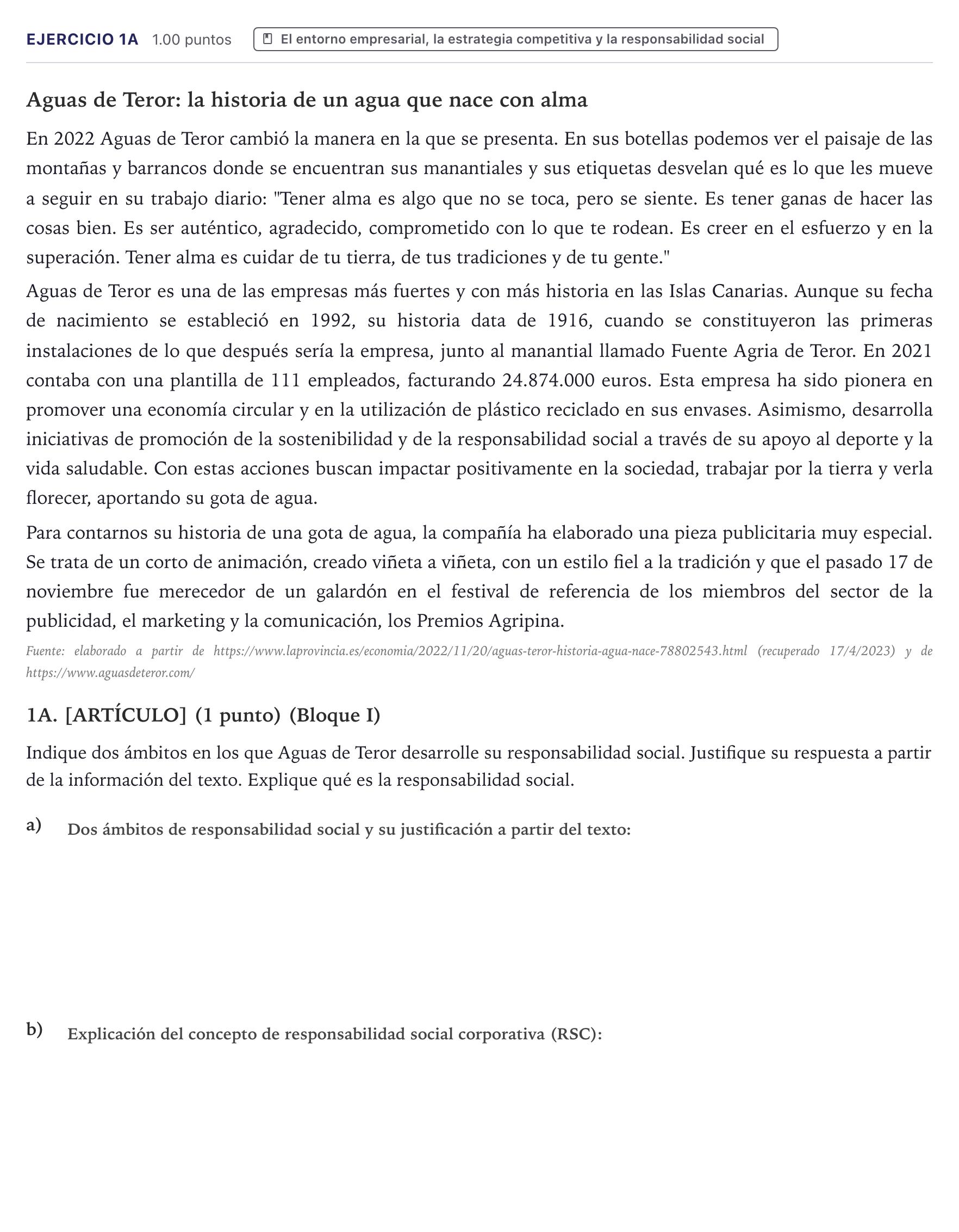 Enunciado: Ejercicio 1A · Economía de la Empresa PAU Canarias Junio (Ciencias) 2023