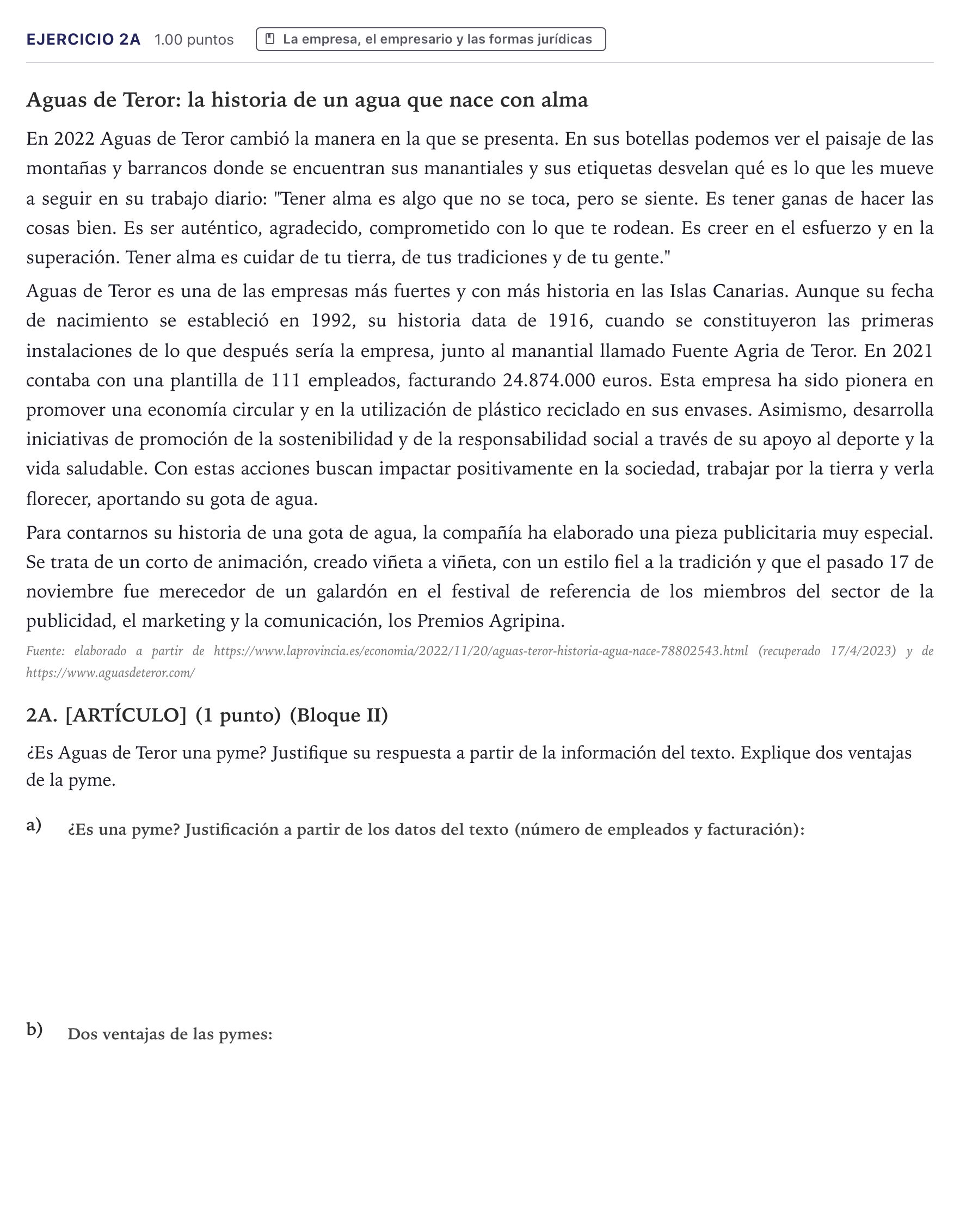 Enunciado: Ejercicio 2A · Economía de la Empresa PAU Canarias Junio (Ciencias) 2023