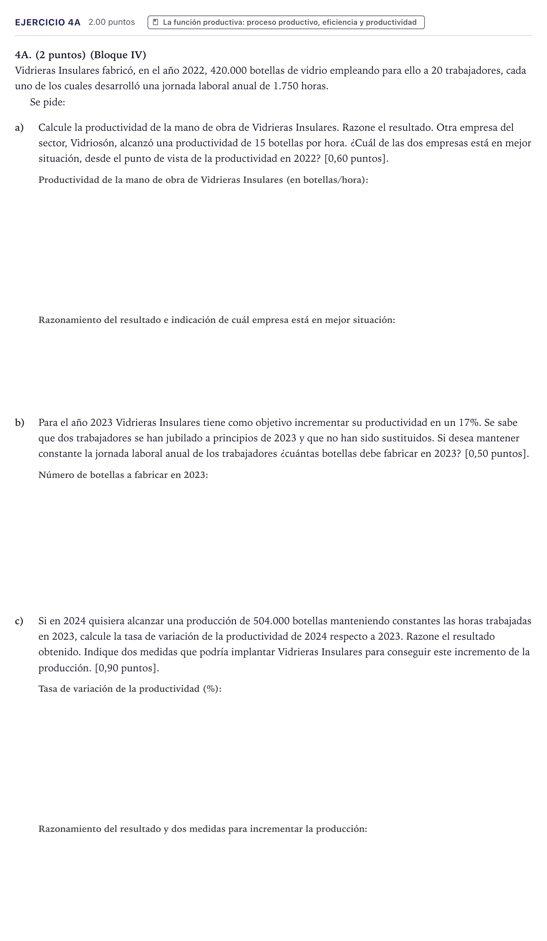 Enunciado: Ejercicio 4A · Economía de la Empresa PAU Canarias Junio (Ciencias) 2023