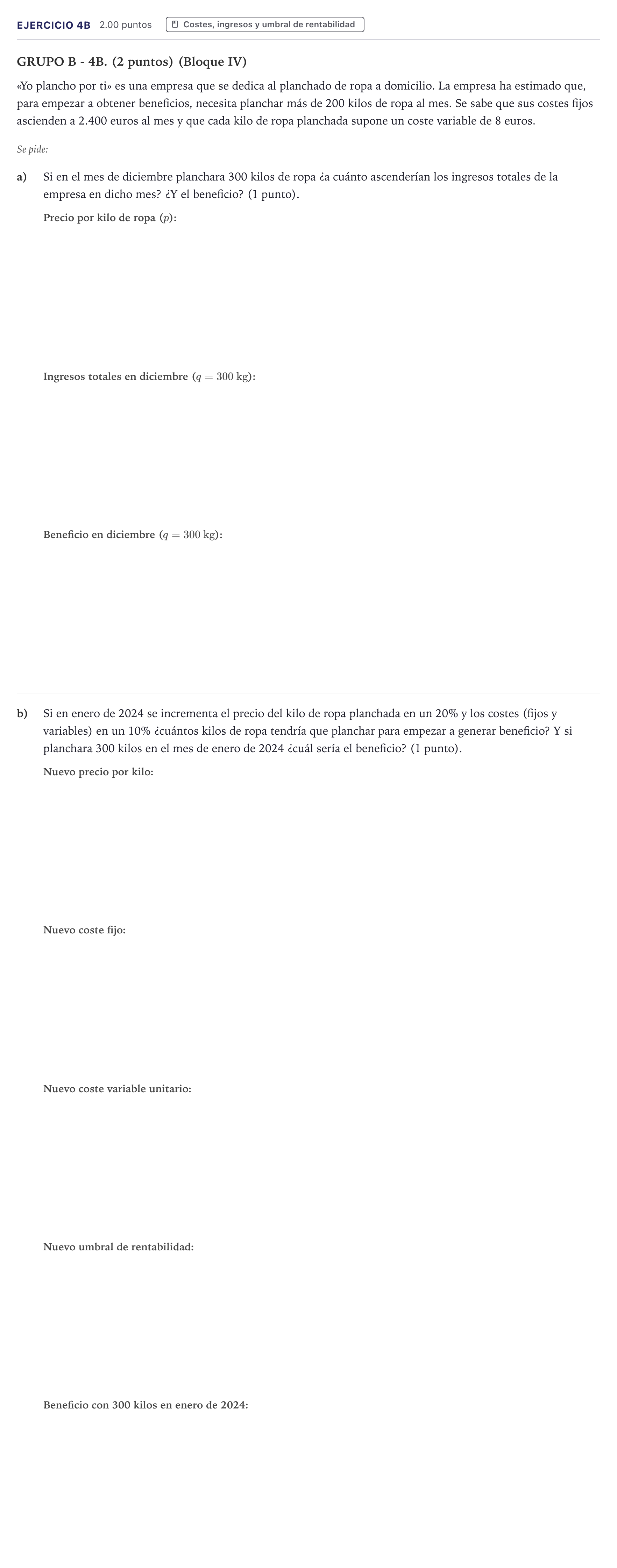 Enunciado: Ejercicio 4B · Economía de la Empresa PAU Canarias Junio (Ciencias) 2023