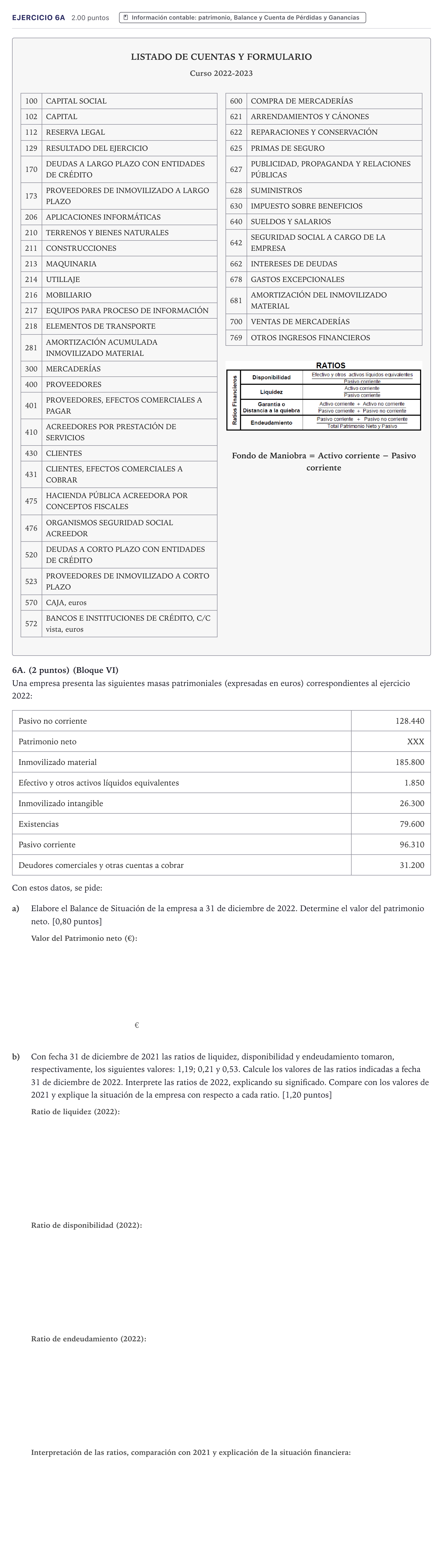 Enunciado: Ejercicio 6A · Economía de la Empresa PAU Canarias Junio (Ciencias) 2023