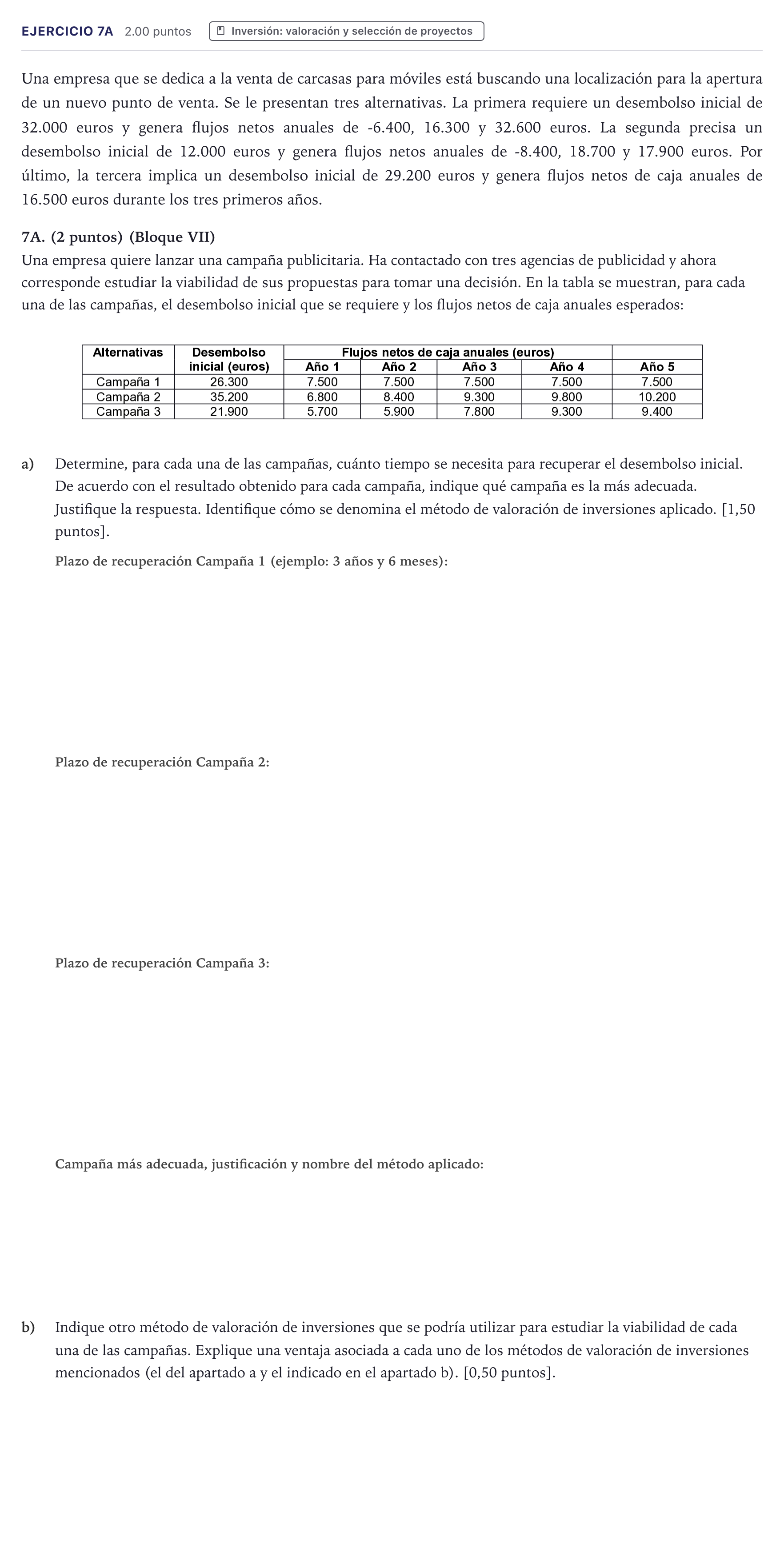 Enunciado: Ejercicio 7A · Economía de la Empresa PAU Canarias Junio (Ciencias) 2023