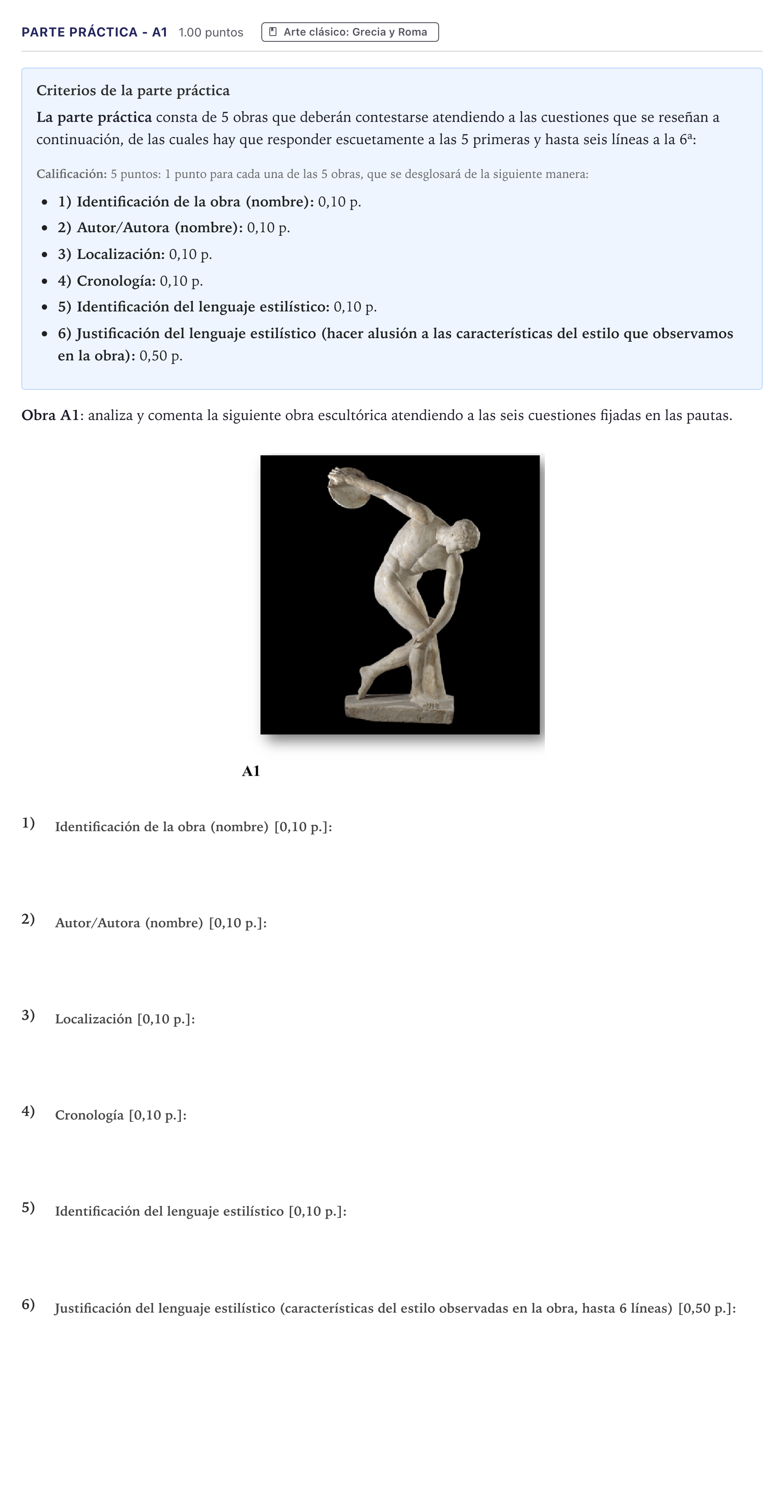 Enunciado: Ejercicio Parte Práctica - A1 · Historia del Arte PAU Canarias Junio 2023