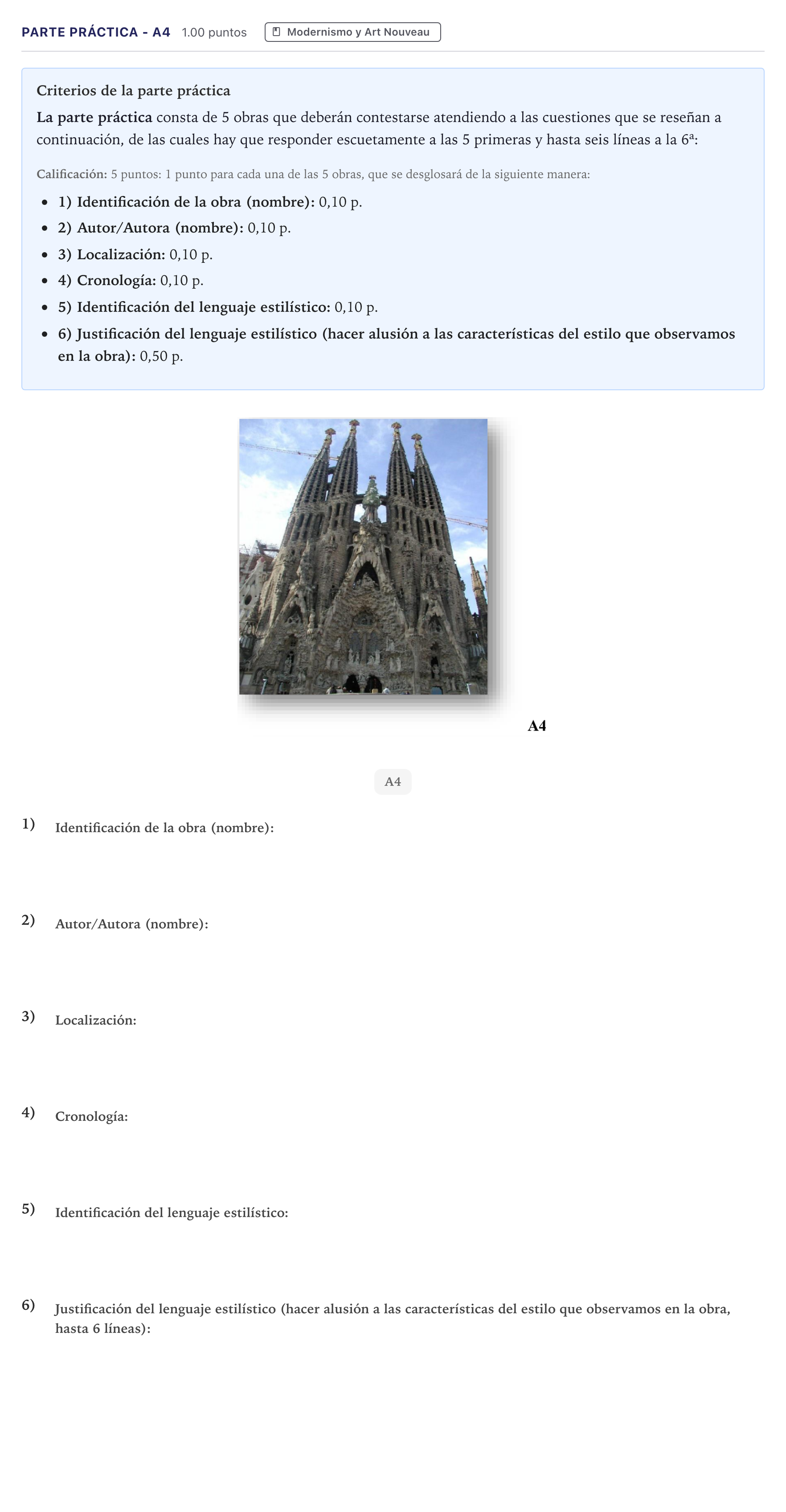 Enunciado: Ejercicio Parte Práctica - A4 · Historia del Arte PAU Canarias Junio 2023