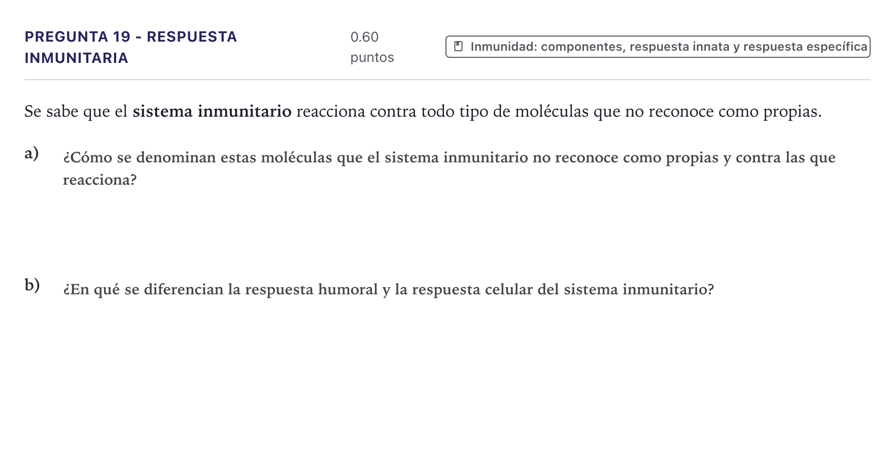 Enunciado: Pregunta 19 - Respuesta inmunitaria · Biología PAU Canarias Junio 2023