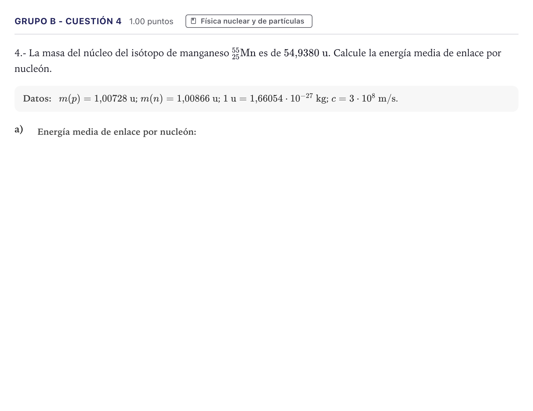 Enunciado: Ejercicio Grupo B - Cuestión 4 · Física PAU Canarias Junio 2023
