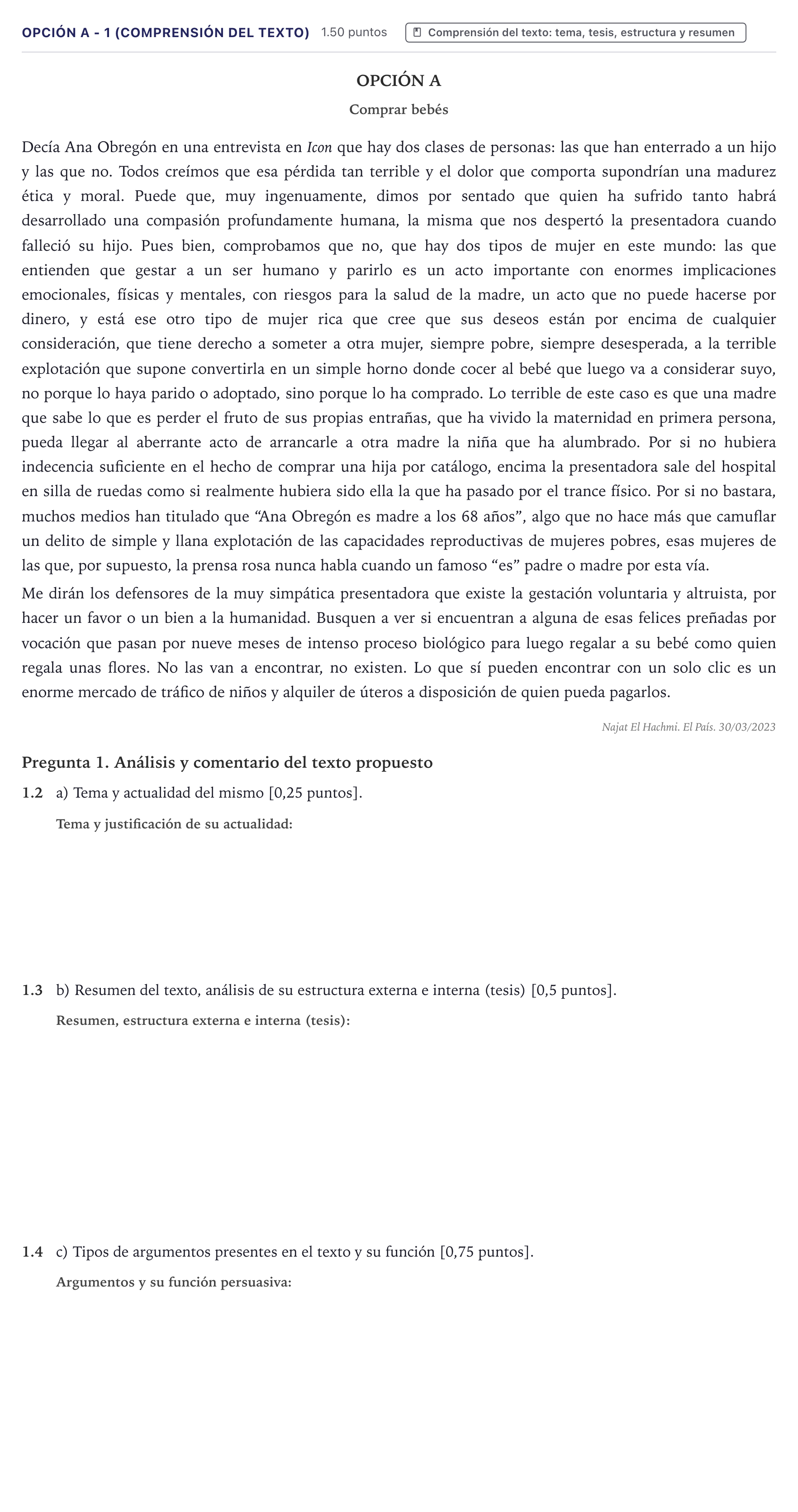 Enunciado: Opción A - 1 (Comprensión del texto) · Lengua Castellana y Literatura II PAU Canarias Julio 2023