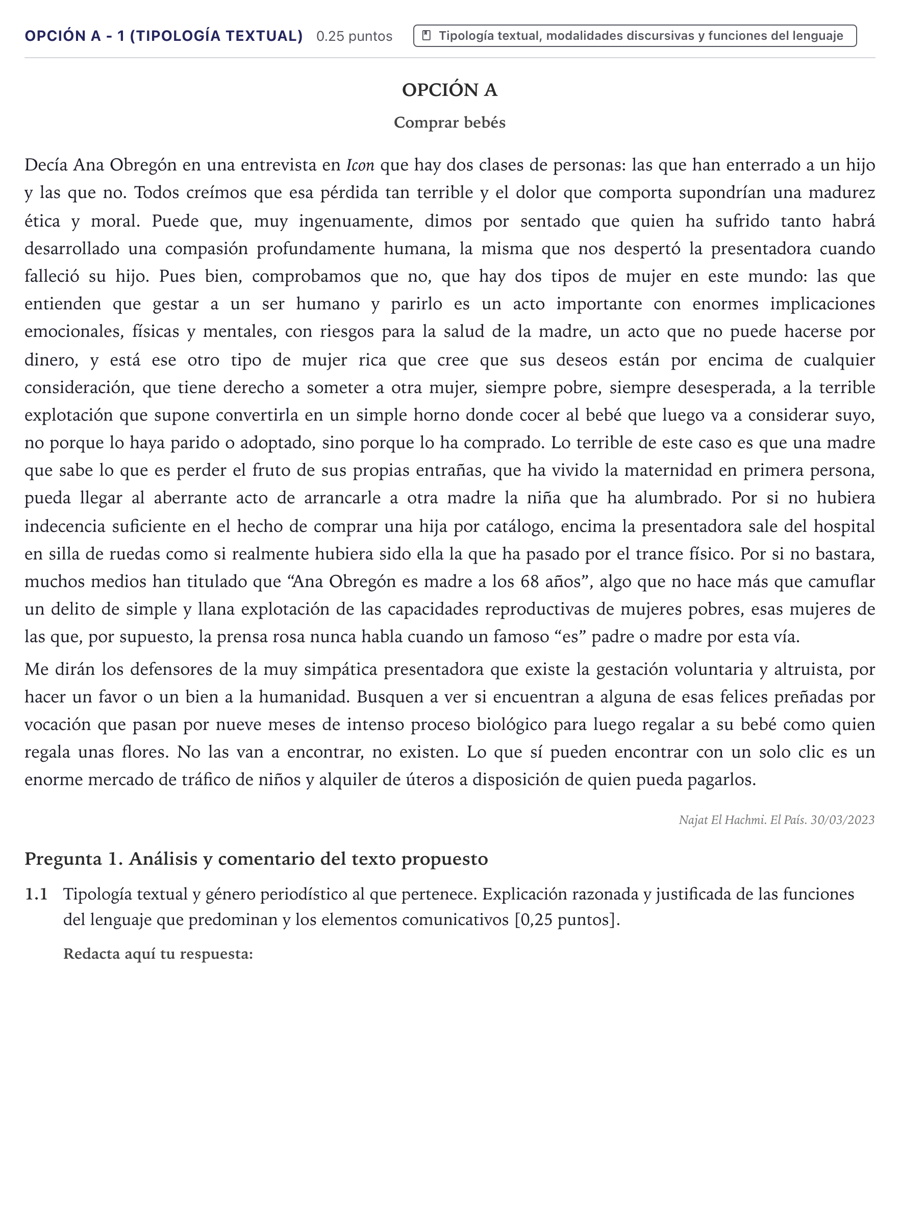Enunciado: Opción A - 1 (Tipología textual) · Lengua Castellana y Literatura II PAU Canarias Julio 2023