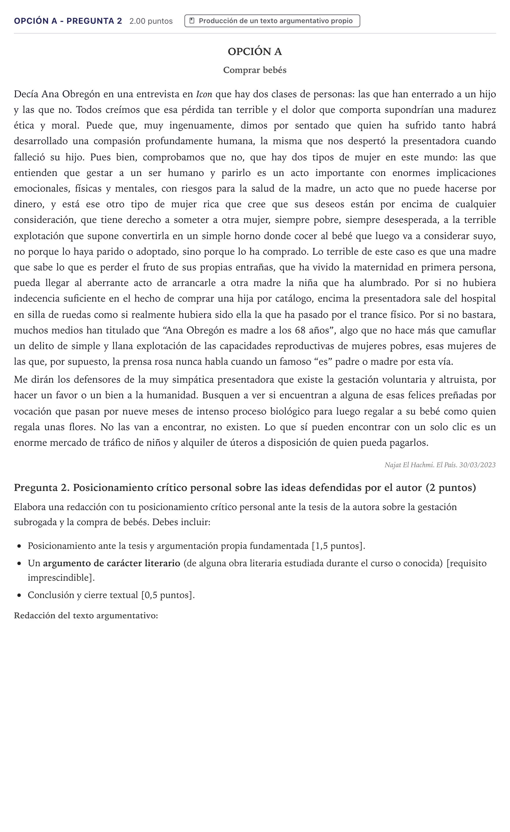 Enunciado: Opción A - Pregunta 2 · Lengua Castellana y Literatura II PAU Canarias Julio 2023