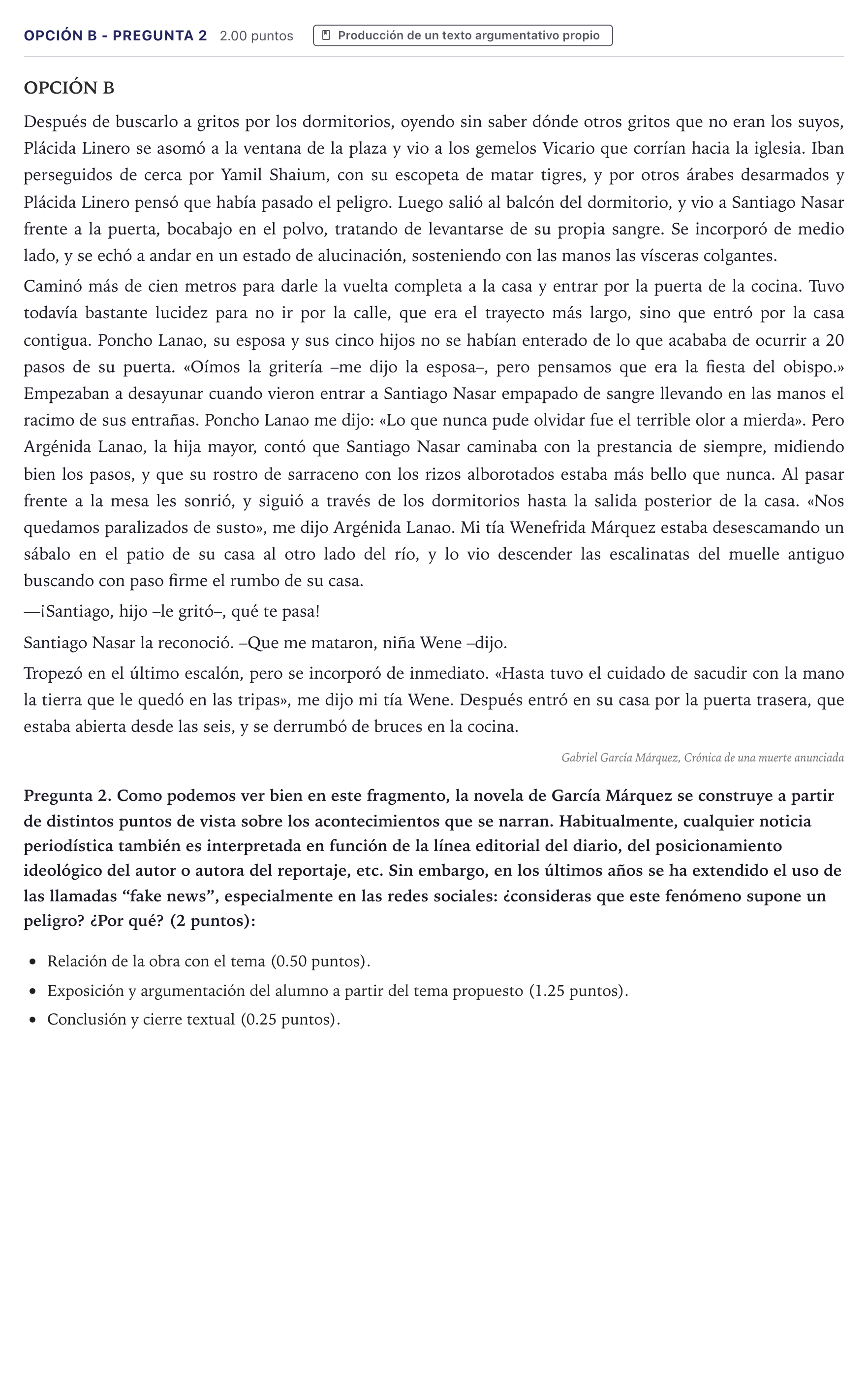 Enunciado: Opción B - Pregunta 2 · Lengua Castellana y Literatura II PAU Canarias Julio 2023