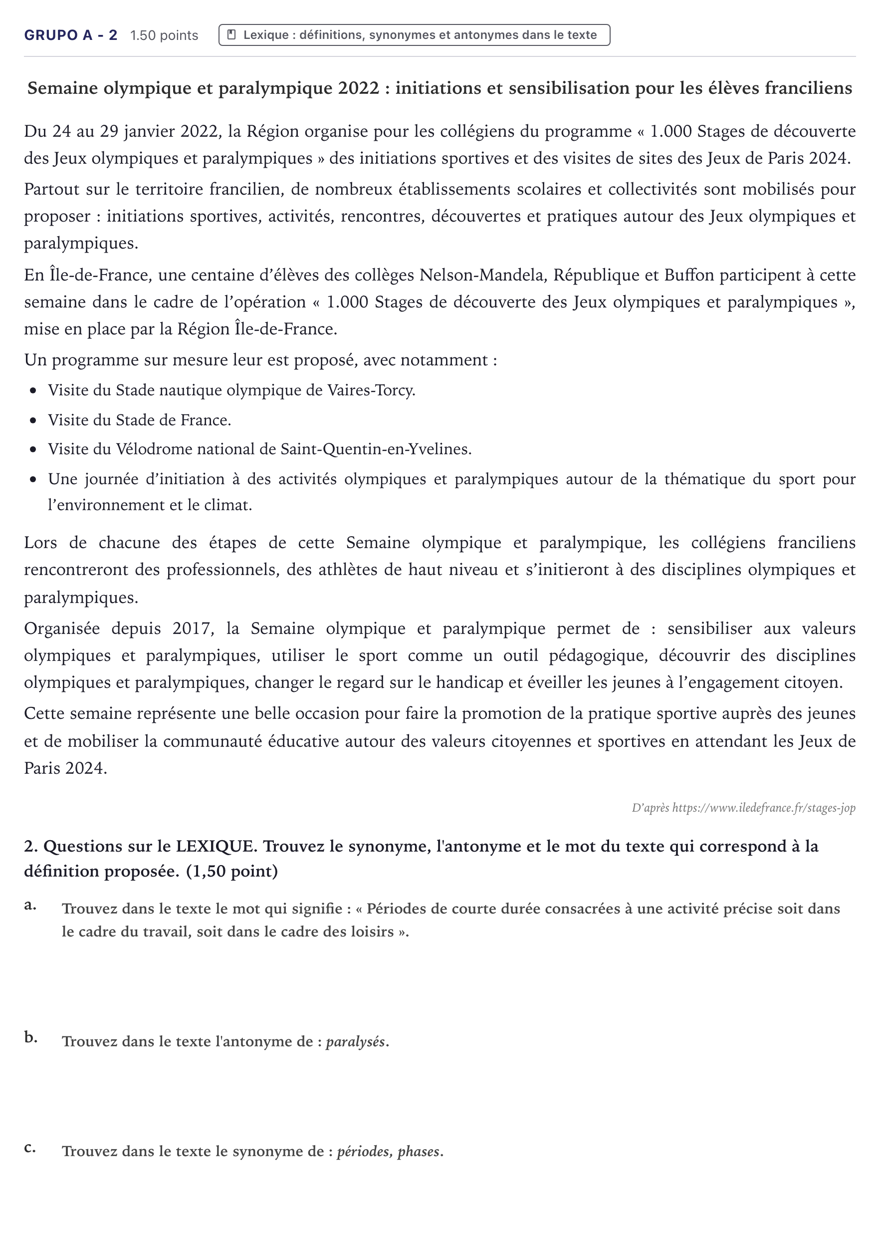 Enunciado: Ejercicio Grupo A - 2 · Francés PAU Canarias Julio 2023