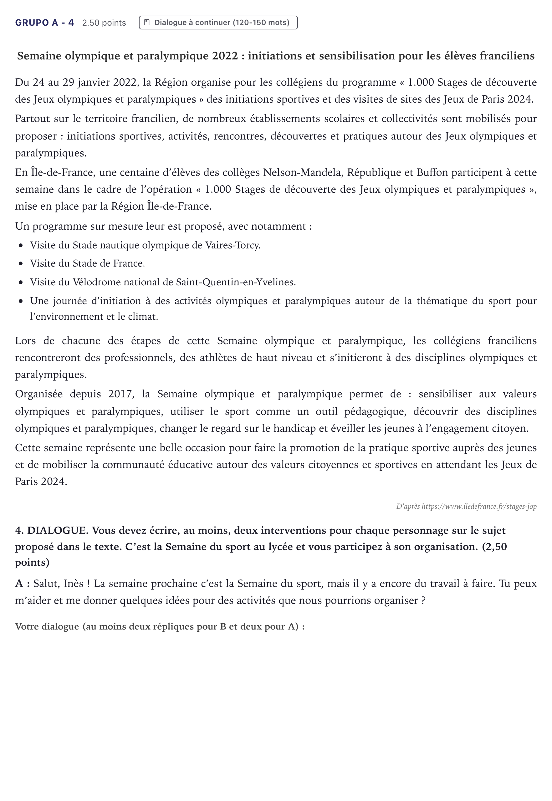 Enunciado: Ejercicio Grupo A - 4 · Francés PAU Canarias Julio 2023