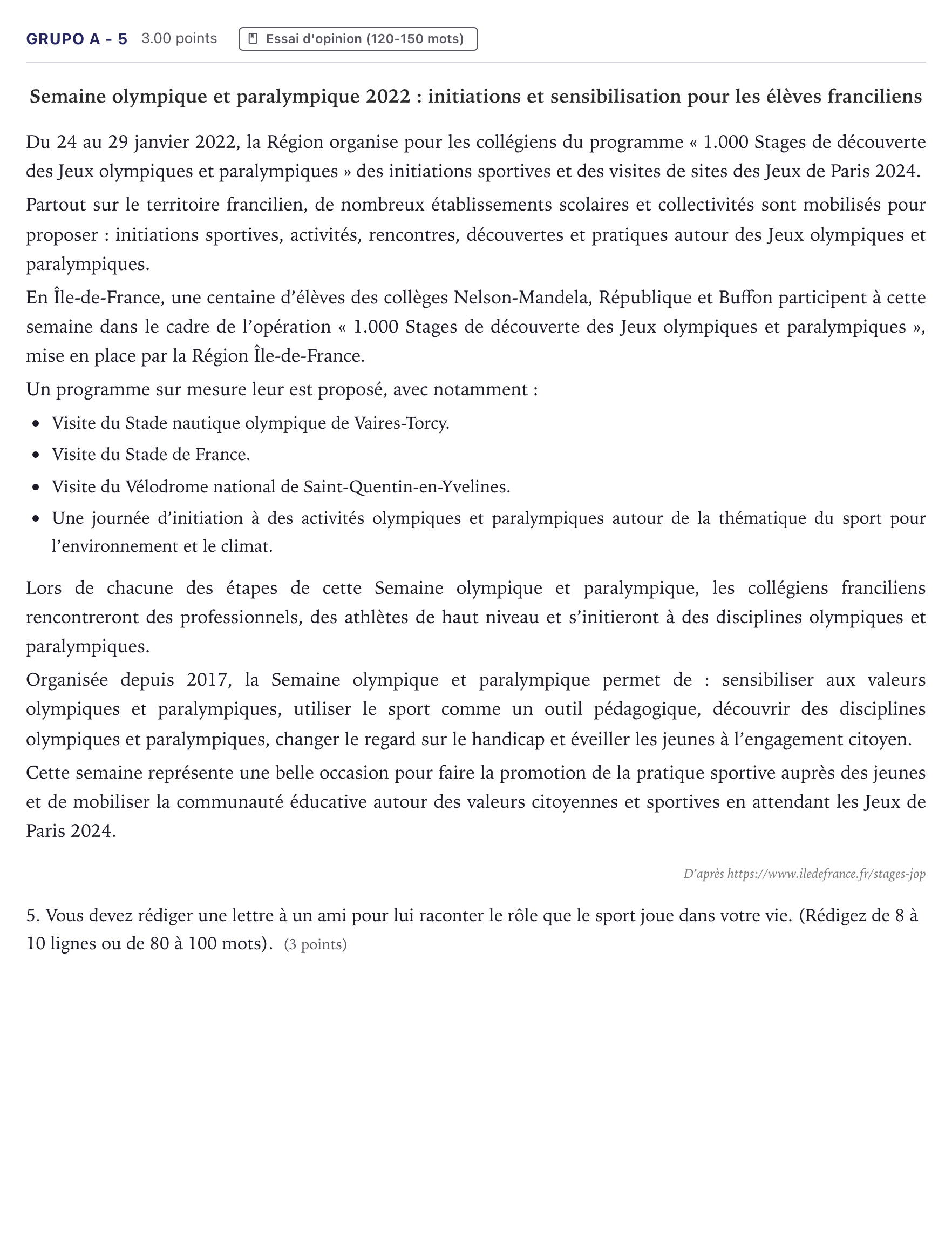Enunciado: Ejercicio Grupo A - 5 · Francés PAU Canarias Julio 2023