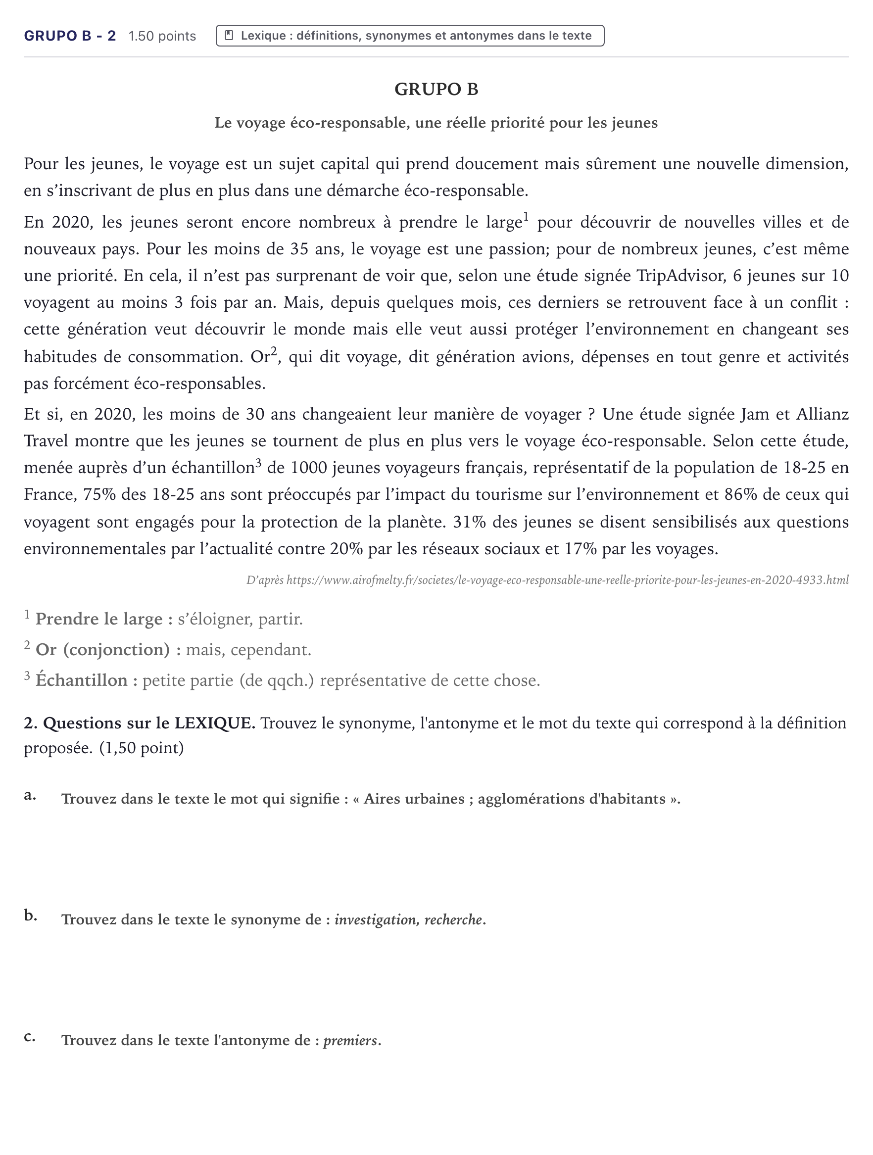 Enunciado: Ejercicio Grupo B - 2 · Francés PAU Canarias Julio 2023