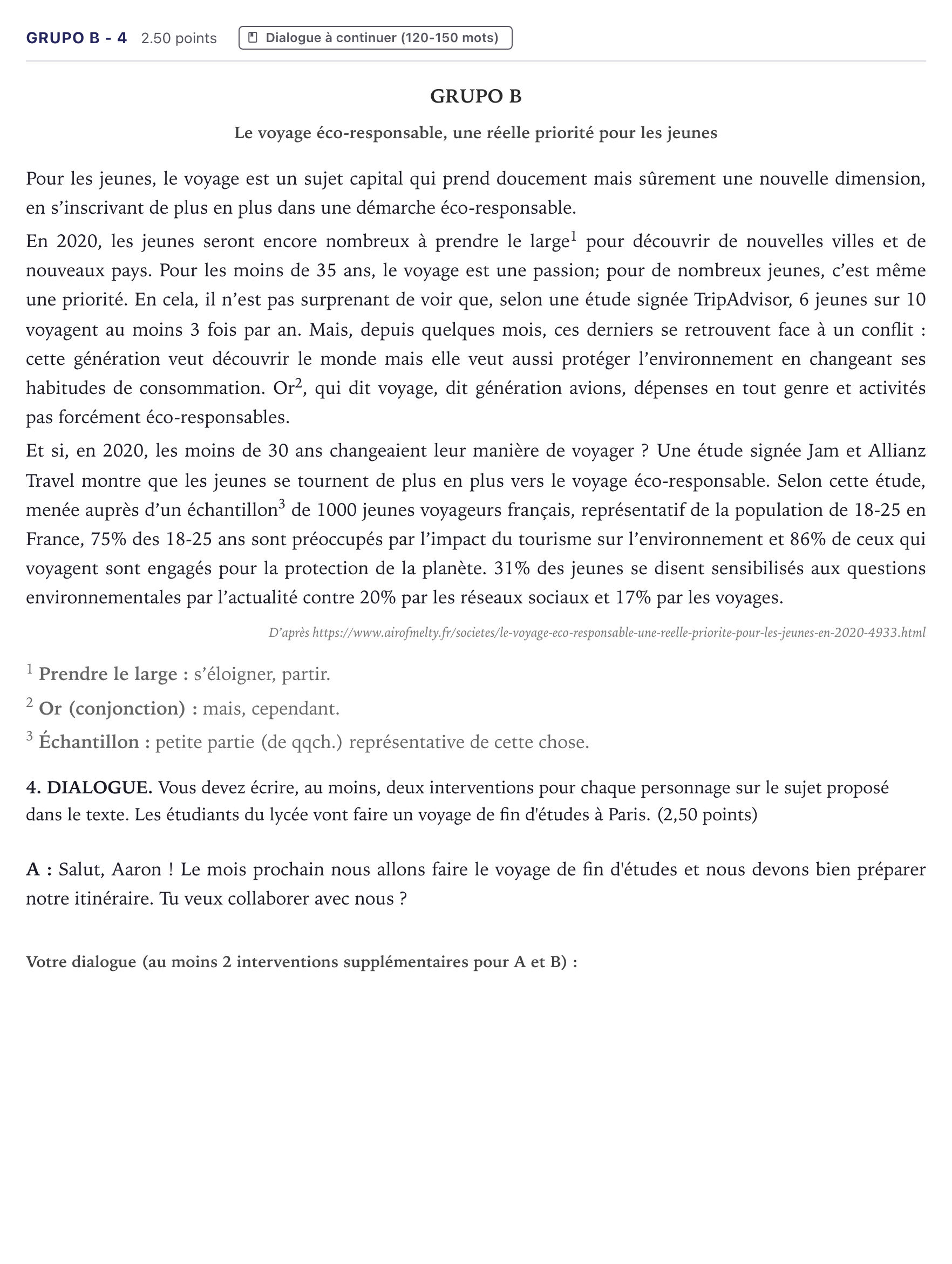 Enunciado: Ejercicio Grupo B - 4 · Francés PAU Canarias Julio 2023