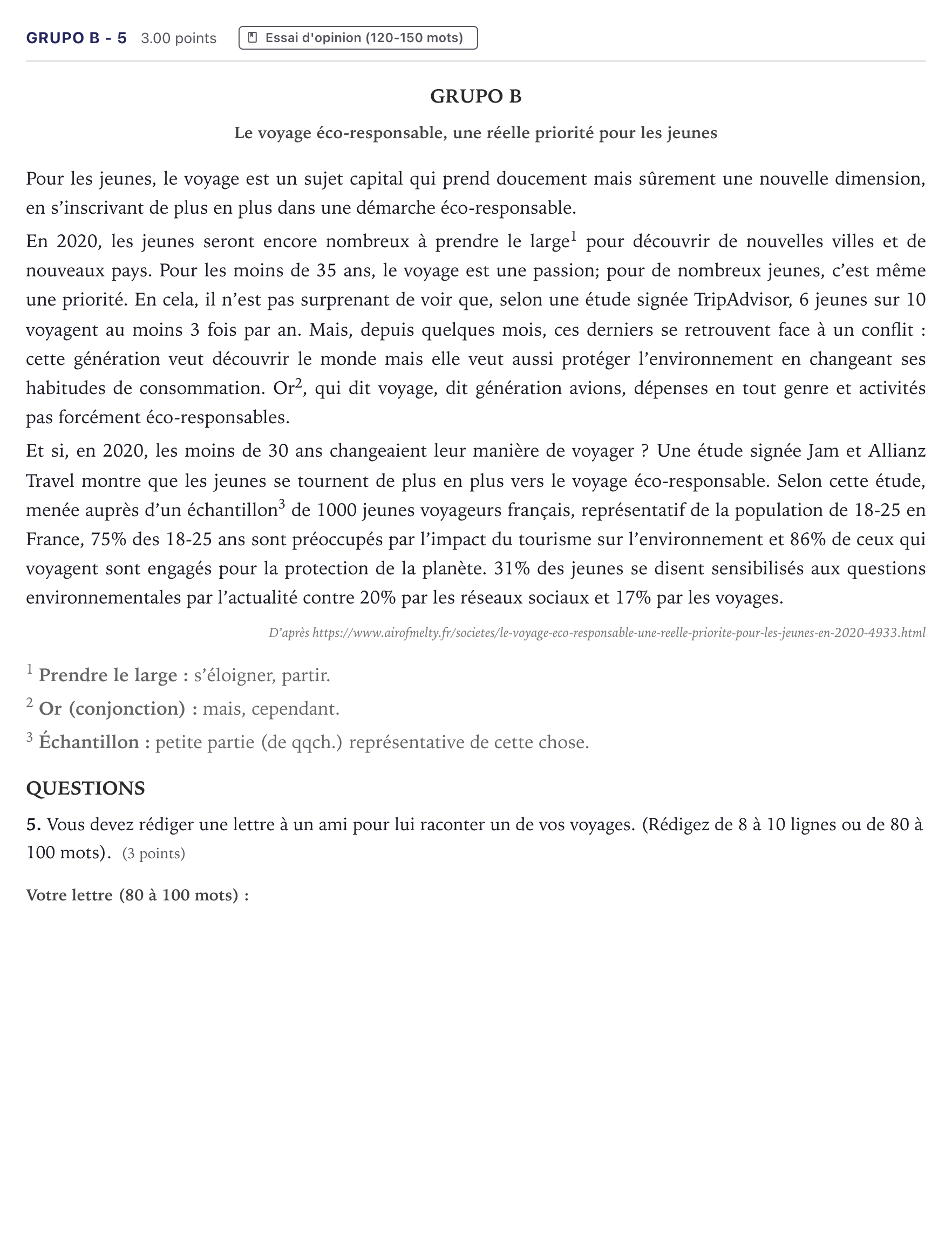 Enunciado: Ejercicio Grupo B - 5 · Francés PAU Canarias Julio 2023